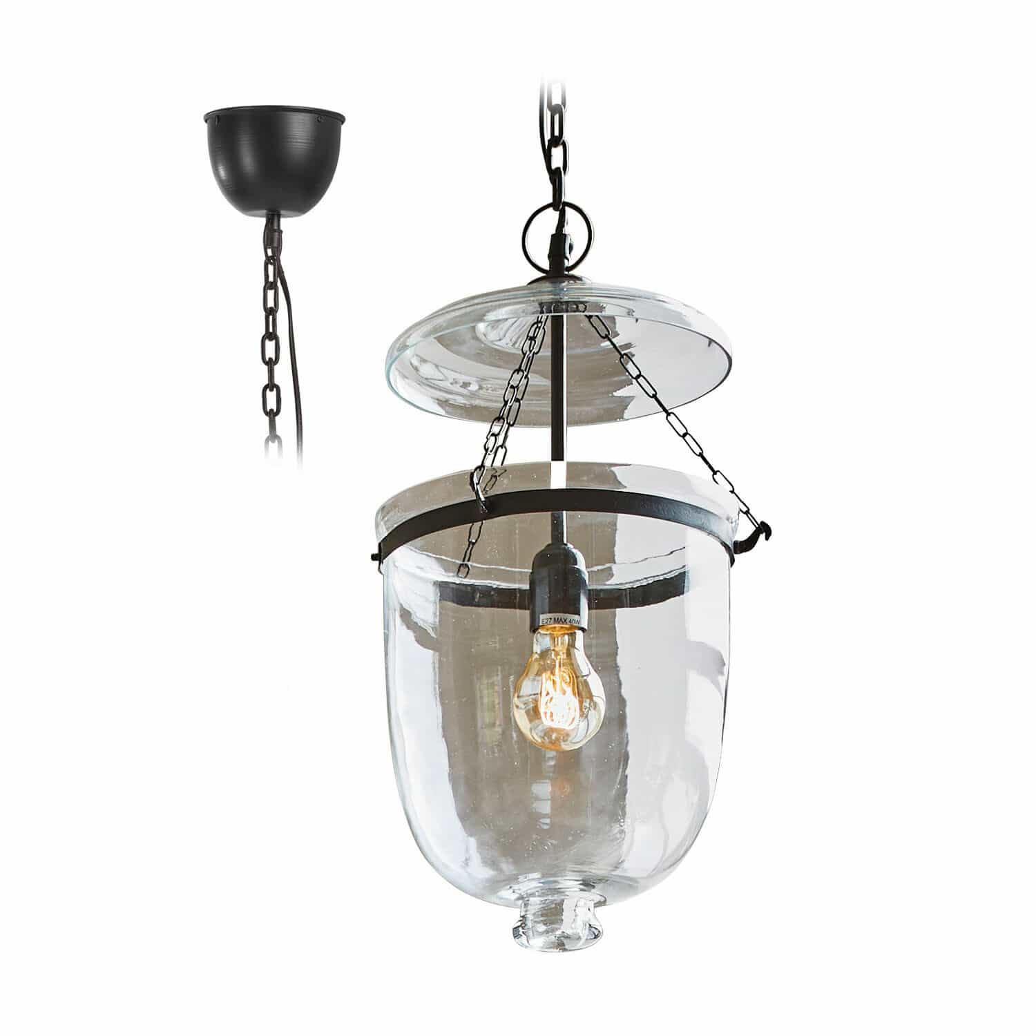 Suspension Lanta Suspension en verre avec chaîne métallique noire et abat-jour transparent, éclairage décoratif intérieur