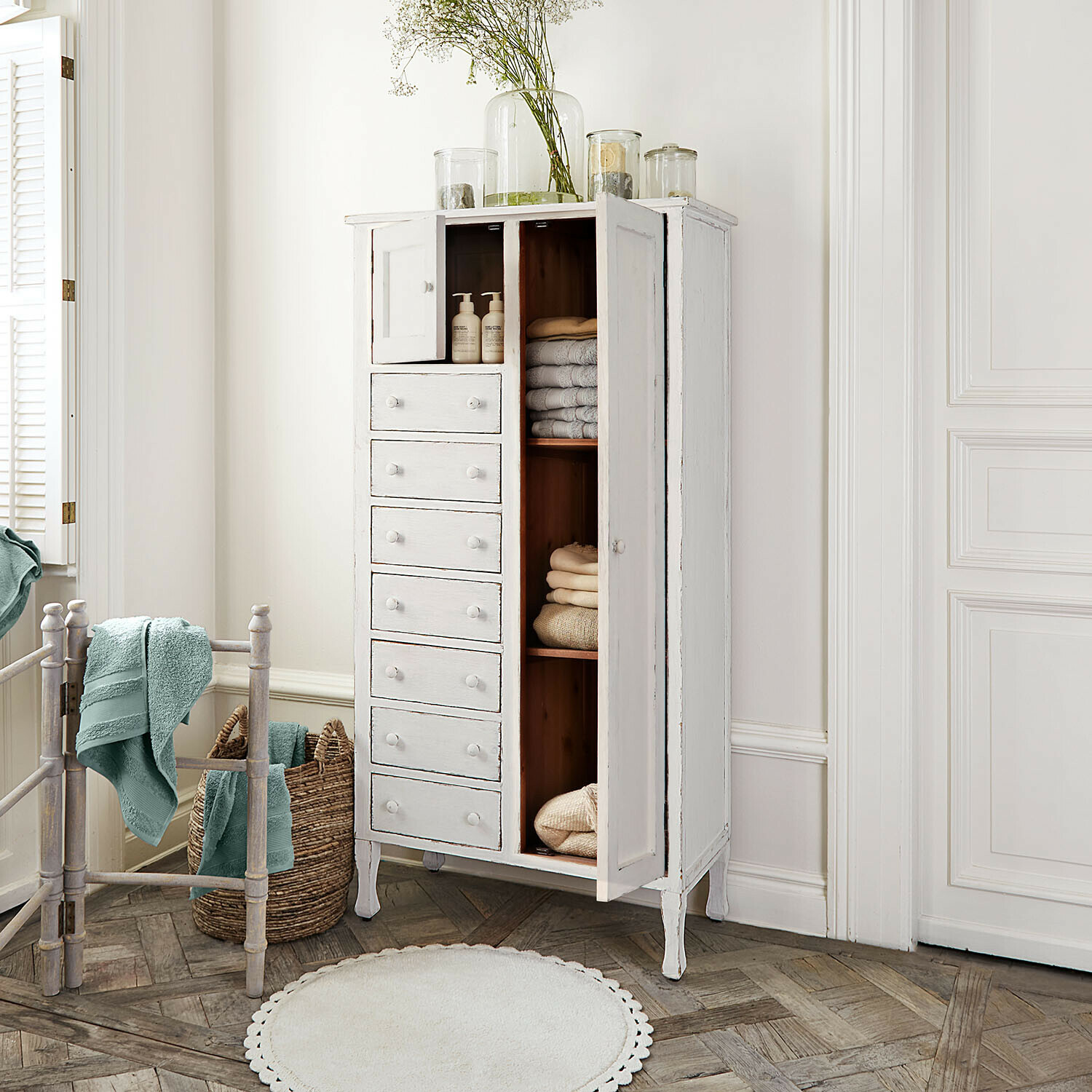 Armoire Amourien Armoire en bois blanc avec tiroirs et étagères, style vintage, rangement pour serviettes et cosmétiques