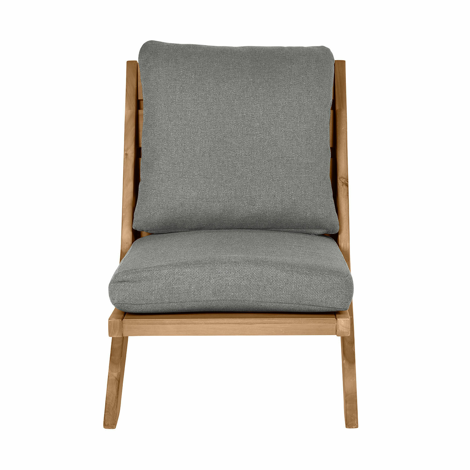 Fauteuil lounge Montivaux en bois FSC brun avec coussins anthracite, meuble confortable pour détente