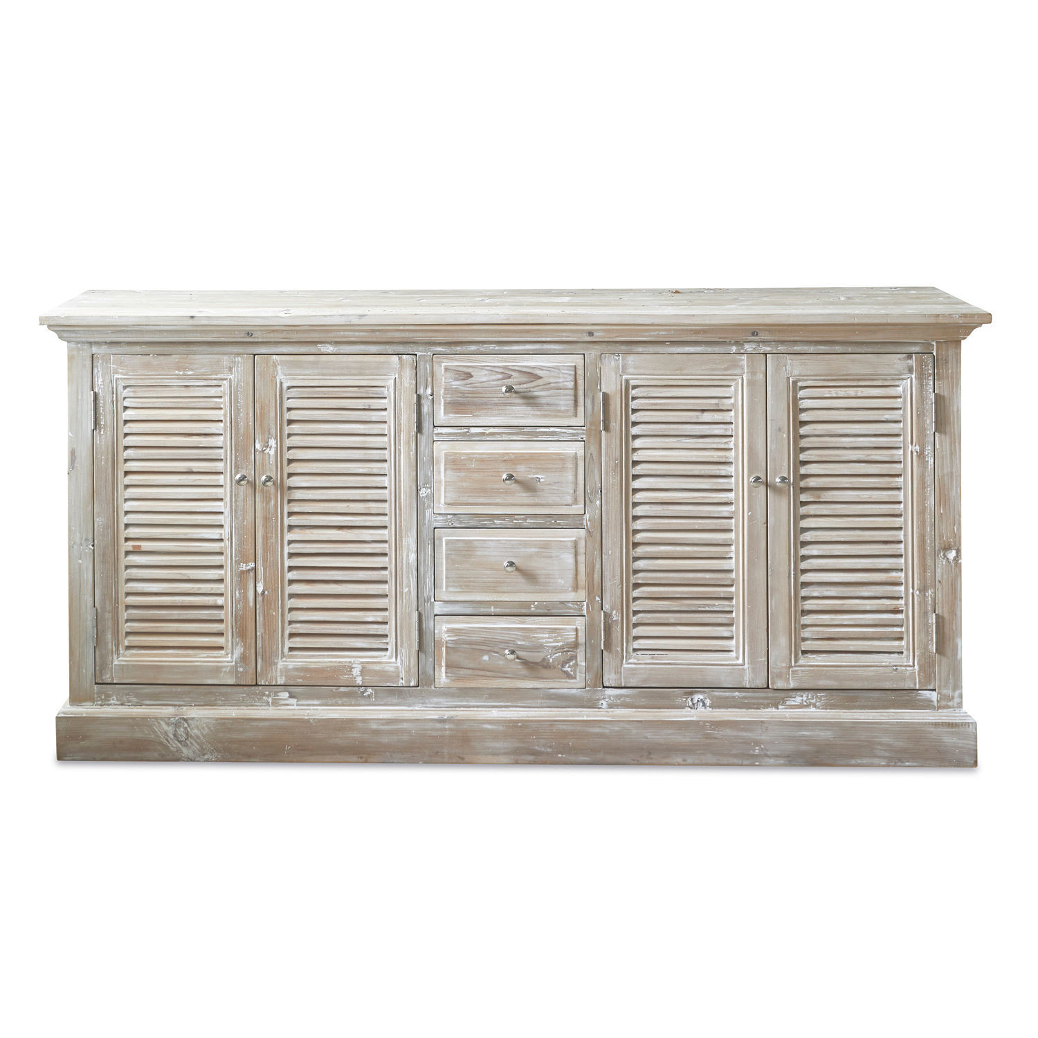 Commode Houston Buffet en bois blanchi avec quatre tiroirs et portes à persiennes, meuble de rangement rustique