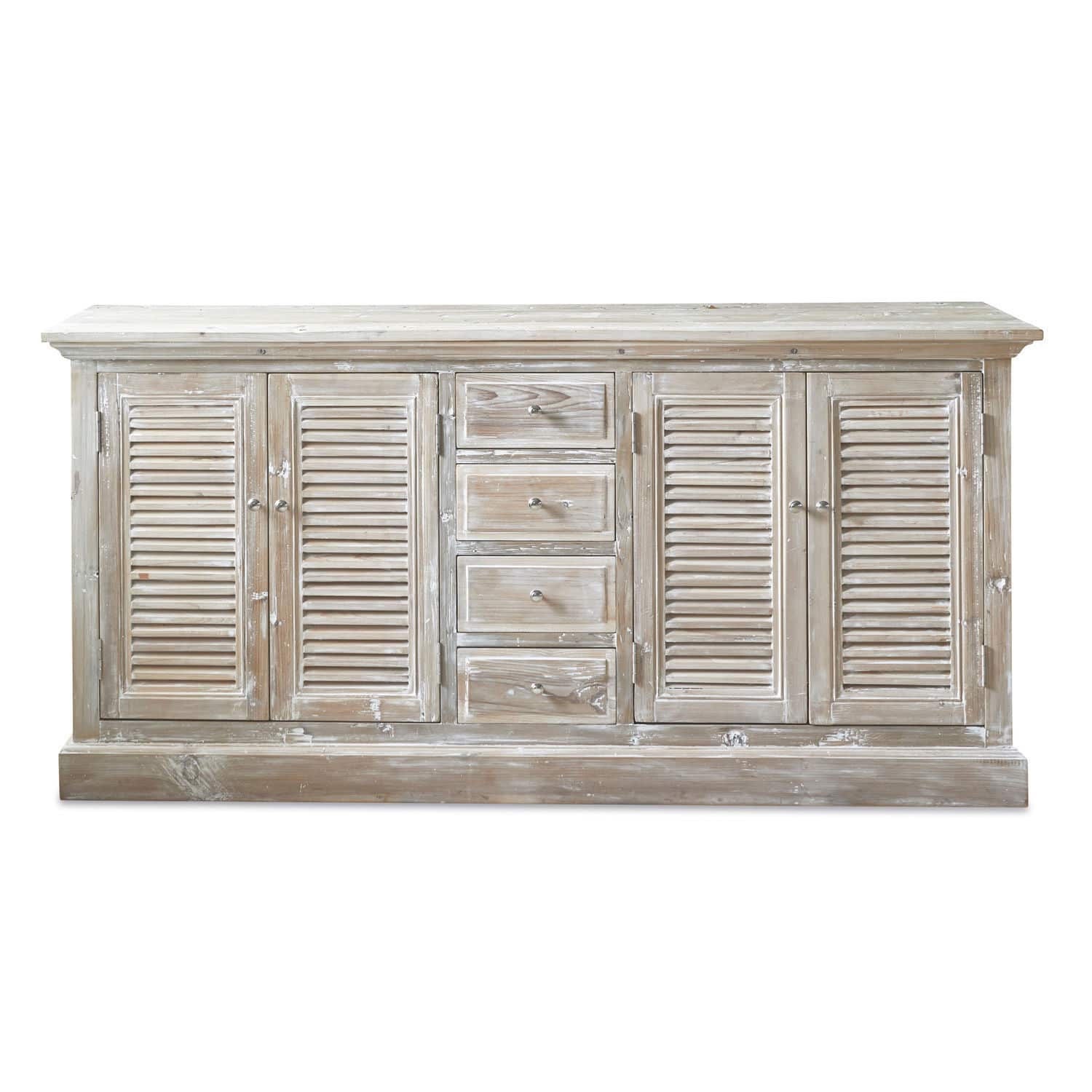 Commode Houston Buffet en bois blanchi avec quatre tiroirs et portes à persiennes, meuble de rangement rustique