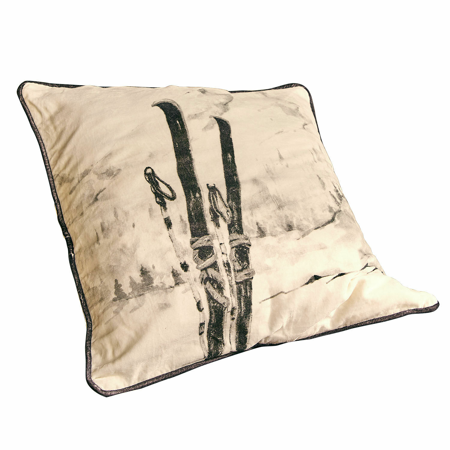 Housse de coussin Finorel Coussin beige en coton avec motif skis, décoration intérieure hivernale, accessoire cosy