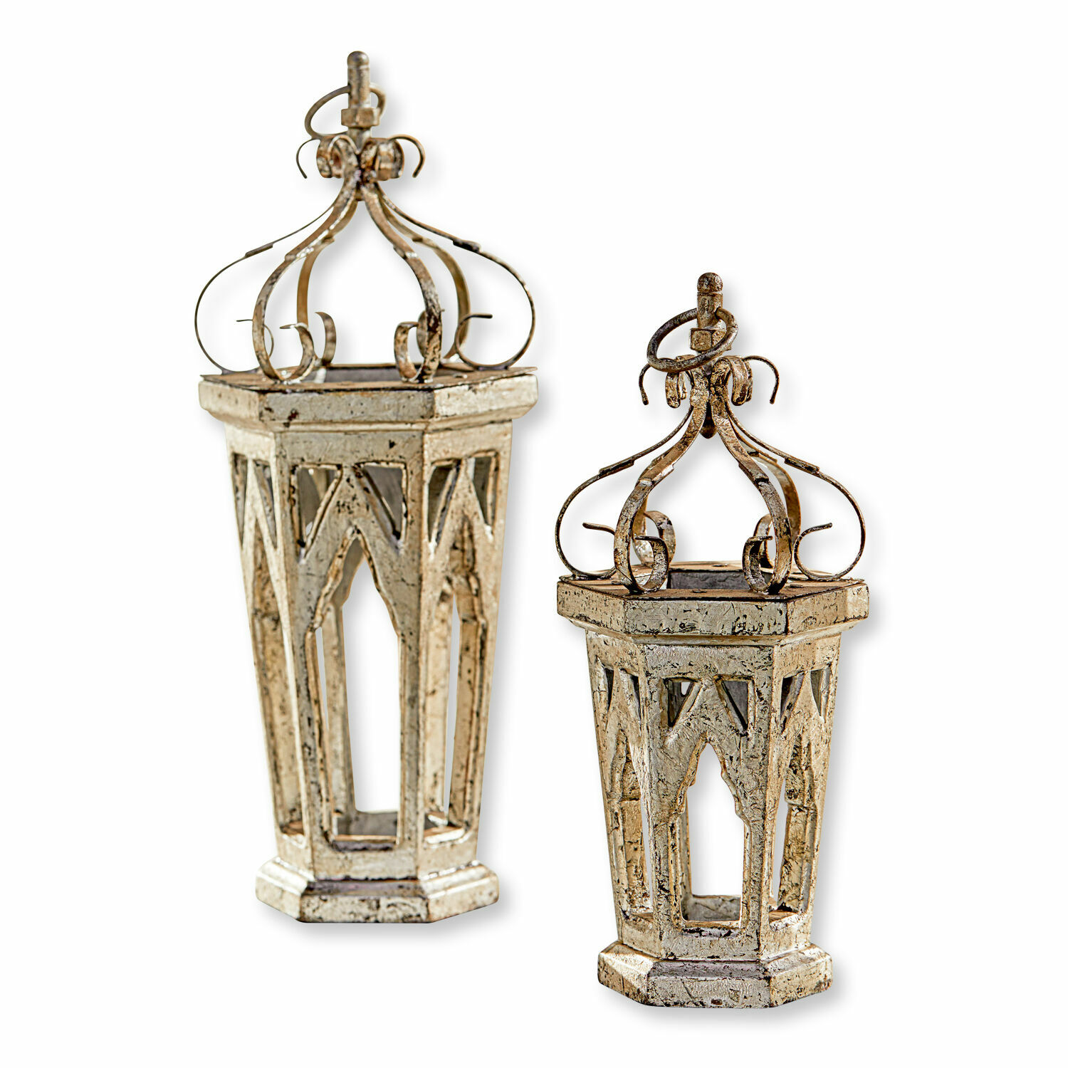 Lot de 2 décorations Morvant Ensemble de deux lanternes décoratives en métal blanc vieilli pour intérieur et jardin