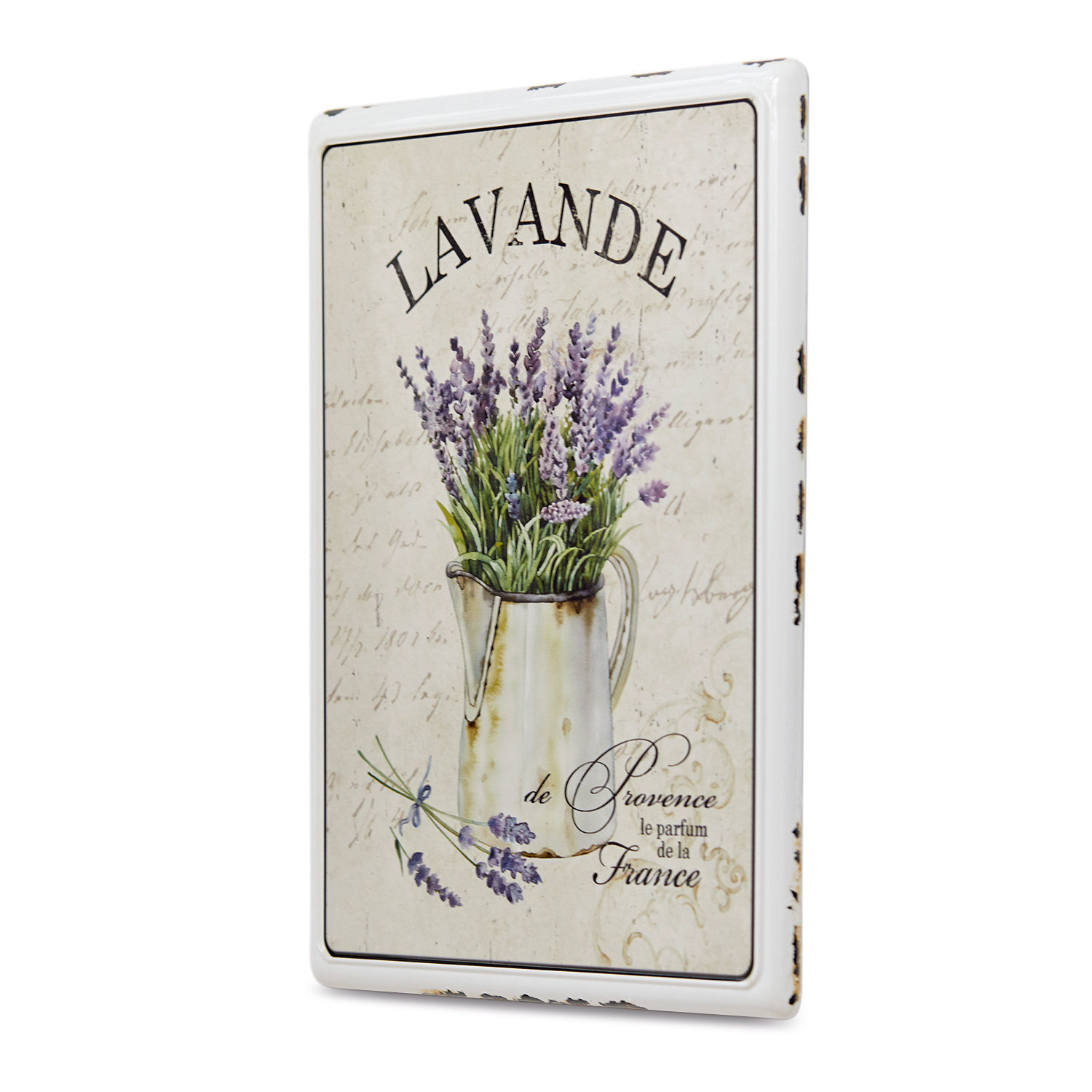 Plaque décorative Lavande Plaque décorative en métal avec lavande dans un pichet blanc sur fond beige avec texte français
