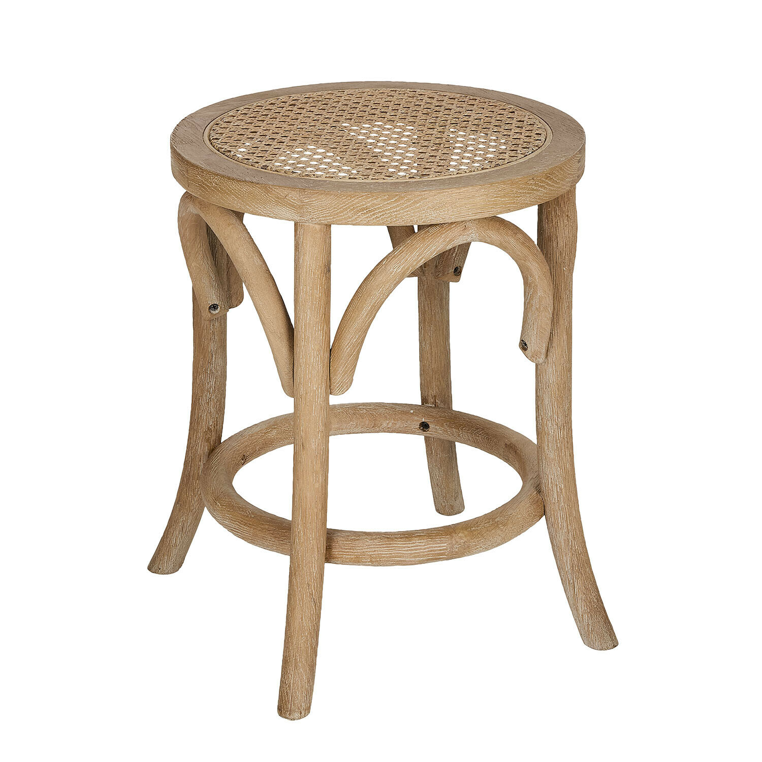 marron Tabouret Kary en bois brun avec assise en cannage, meuble rustique pour intérieur et jardin