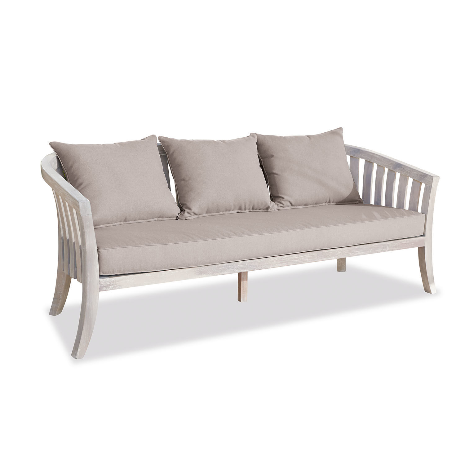 Canapé Seanad Canapé en bois clair avec coussins et assise beige, meuble confortable pour salon