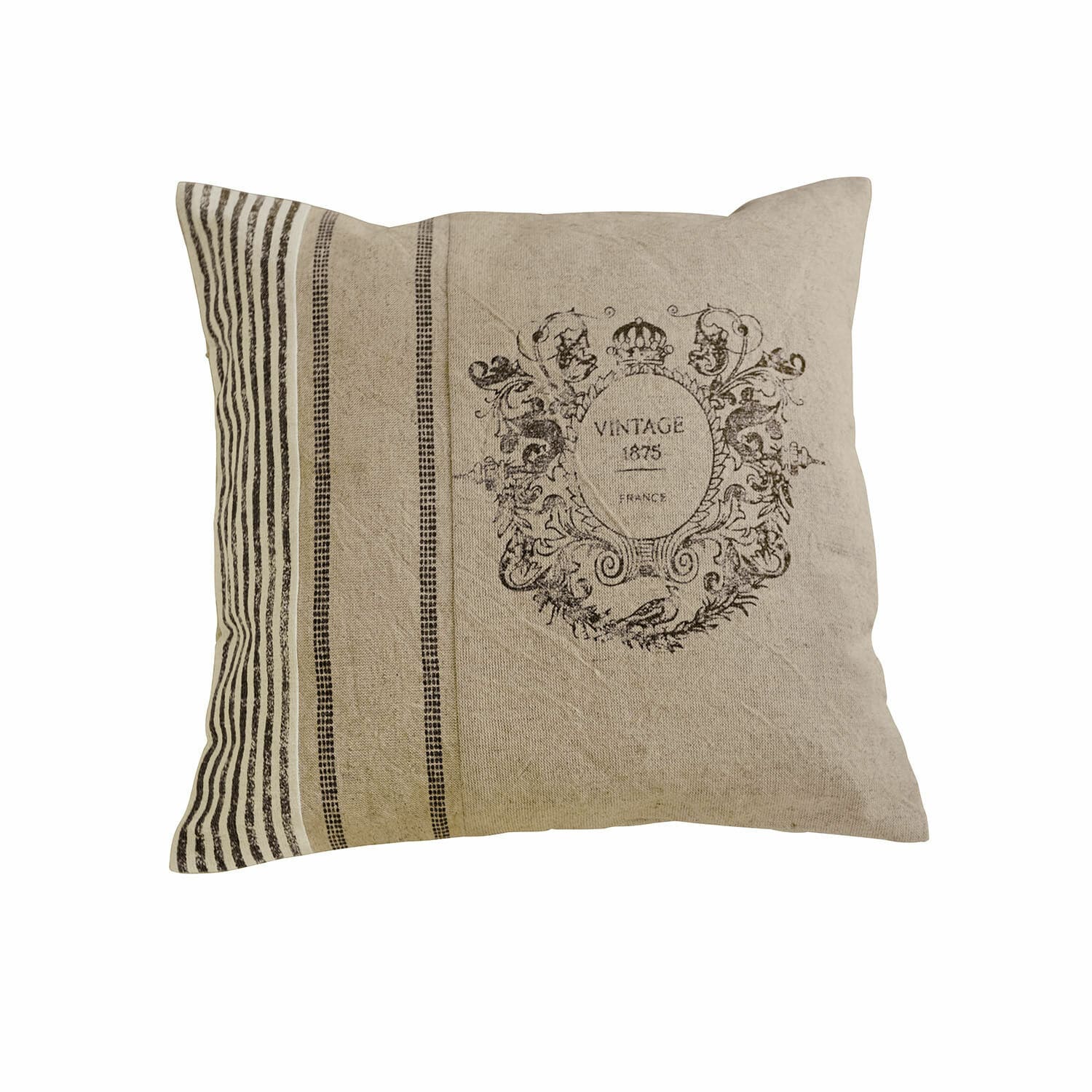 Housse de coussin Lélex Coussin beige en coton avec impression vintage et rayures, décoration rustique pour salon
