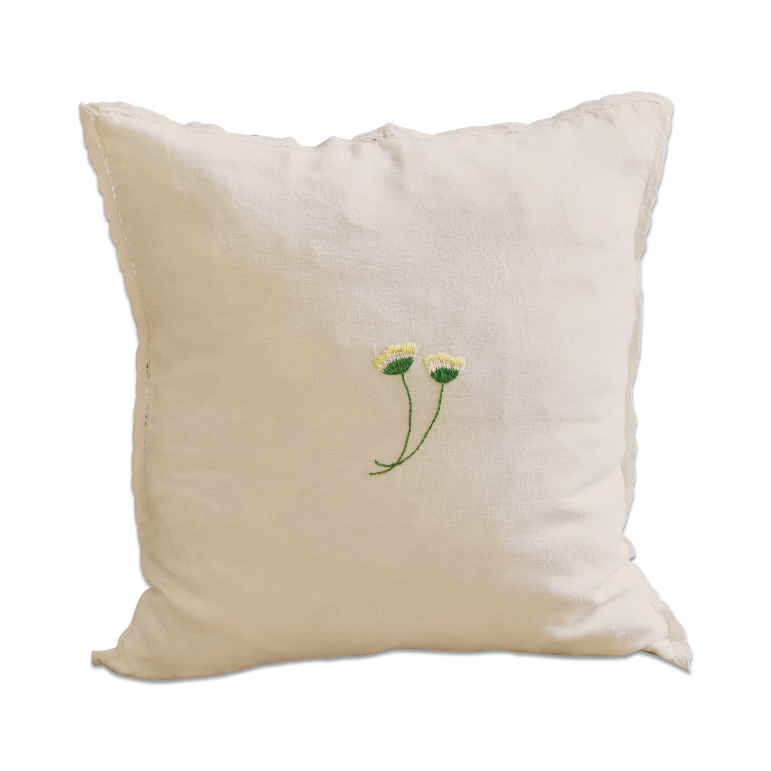 Housse de coussin Dijon Coussin beige en lin avec broderie de fleurs jaunes et tiges vertes, décoration intérieure élégante