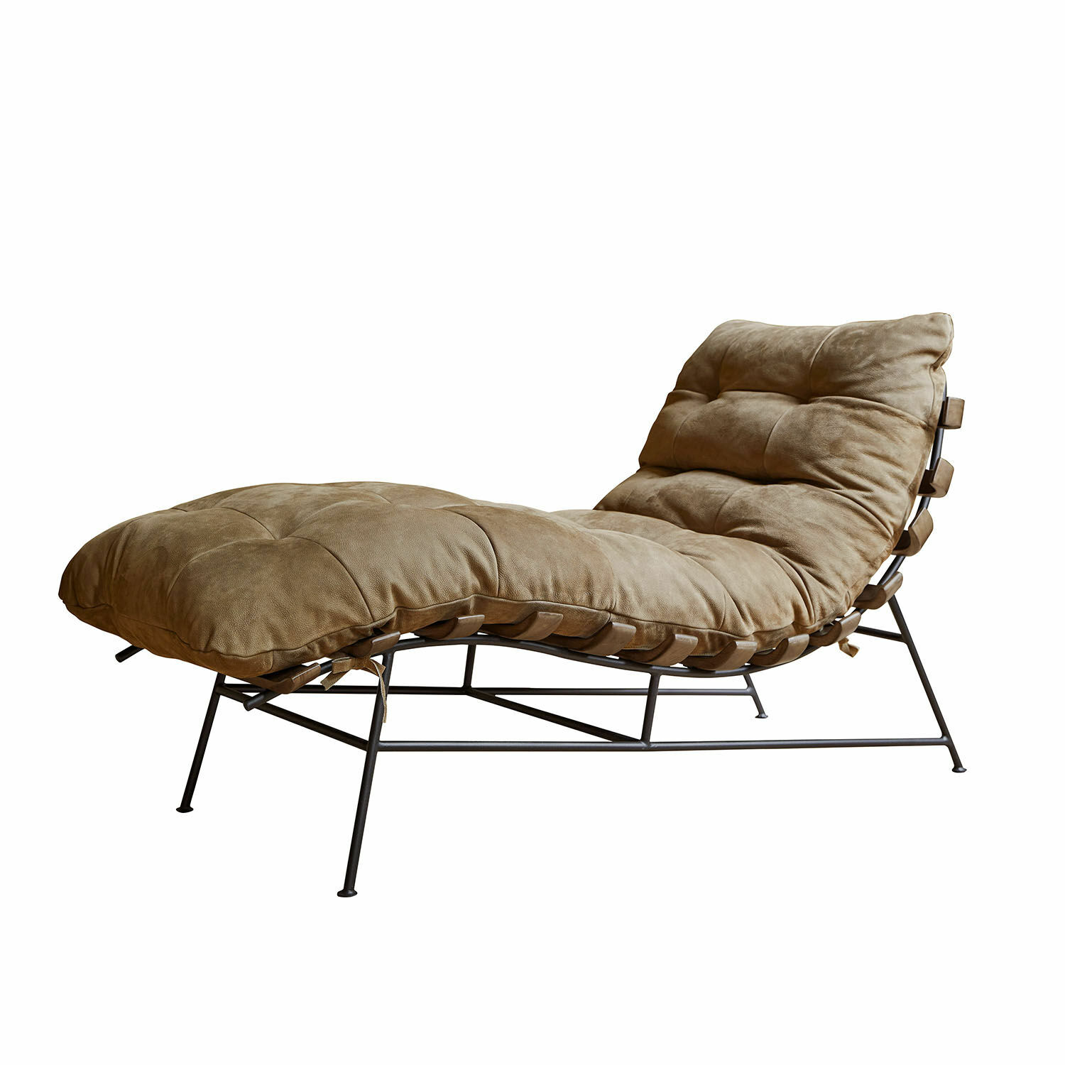 Méridienne Horraine Chaise longue avec cadre en métal et rembourrage marron doux en tissu, mobilier confortable