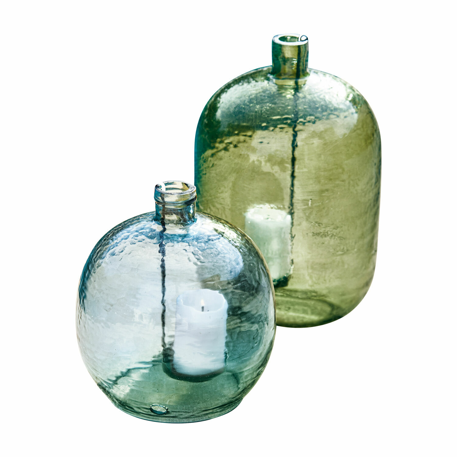 Lot de 2 photophores Michel Lanterne en verre vert et bleu avec bougies blanches pour décoration intérieure élégante