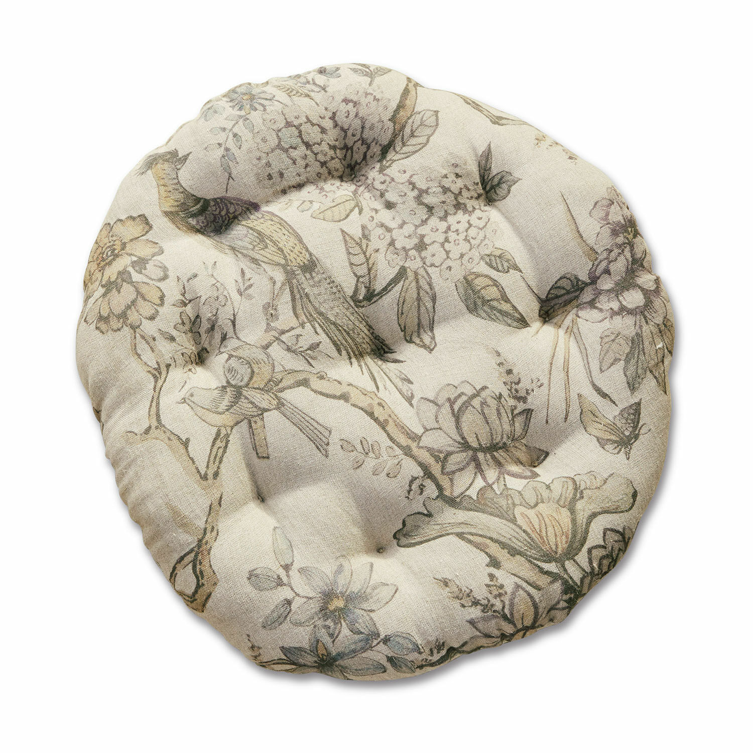 Coussin d’assise Kayla Coussin rond en coton beige avec motif floral et oiseaux pour chaise confortable