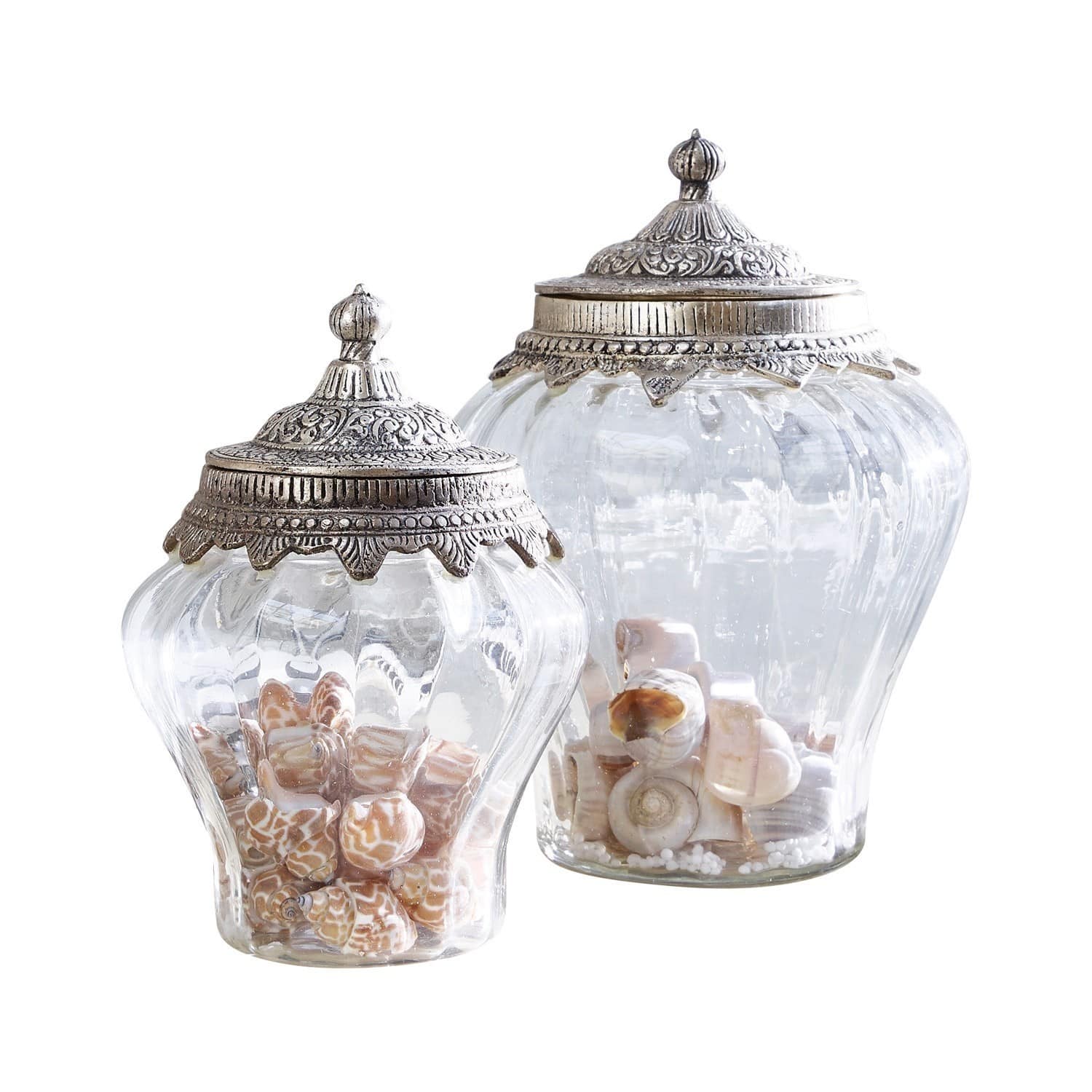 Lot de 2 bonbonnières en verre Isaline Deux bocaux en verre décoratifs avec couvercles en métal, remplis de coquillages, décoration intérieure