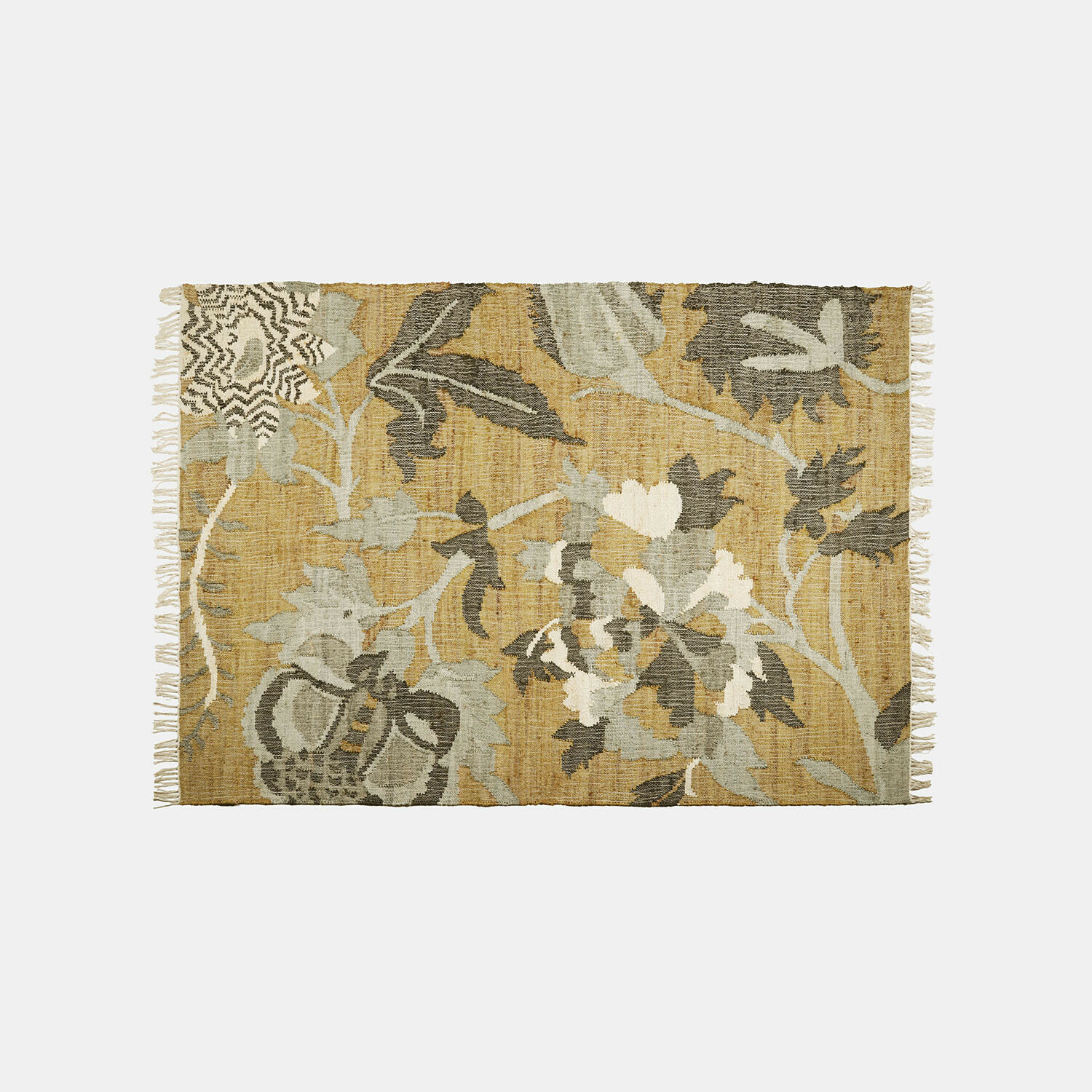 Tapis Ornelless Tapis en matériau naturel beige avec motifs floraux gris, décoration intérieure, tapis pour salon