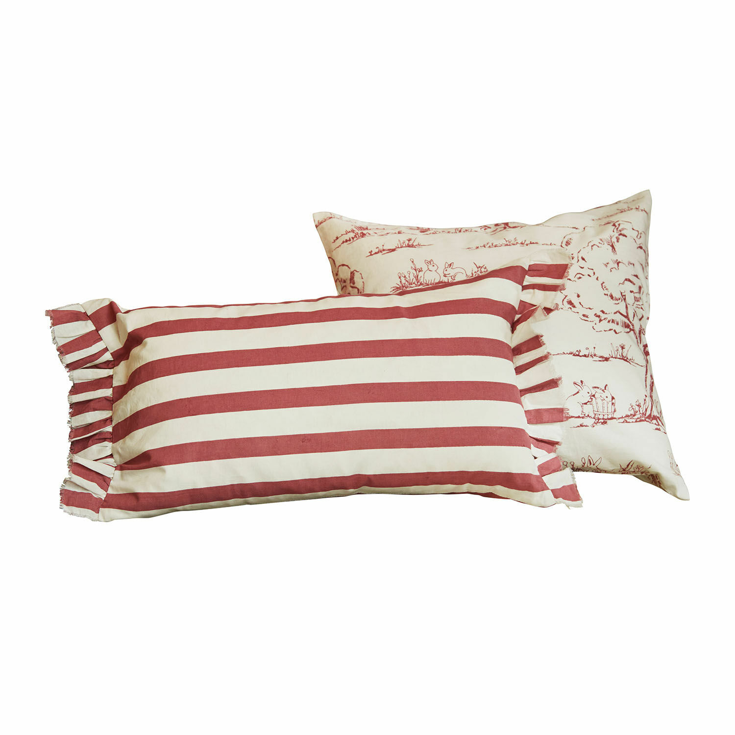 Lot de 2 housses de coussins Fleurine Ensemble de deux coussins en coton rouge et blanc avec rayures et motifs lapins décoratifs