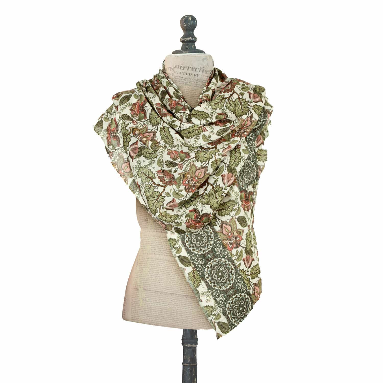 Étole Presquer Écharpe légère en coton avec motif floral vert et rose, accessoire tendance pour le printemps