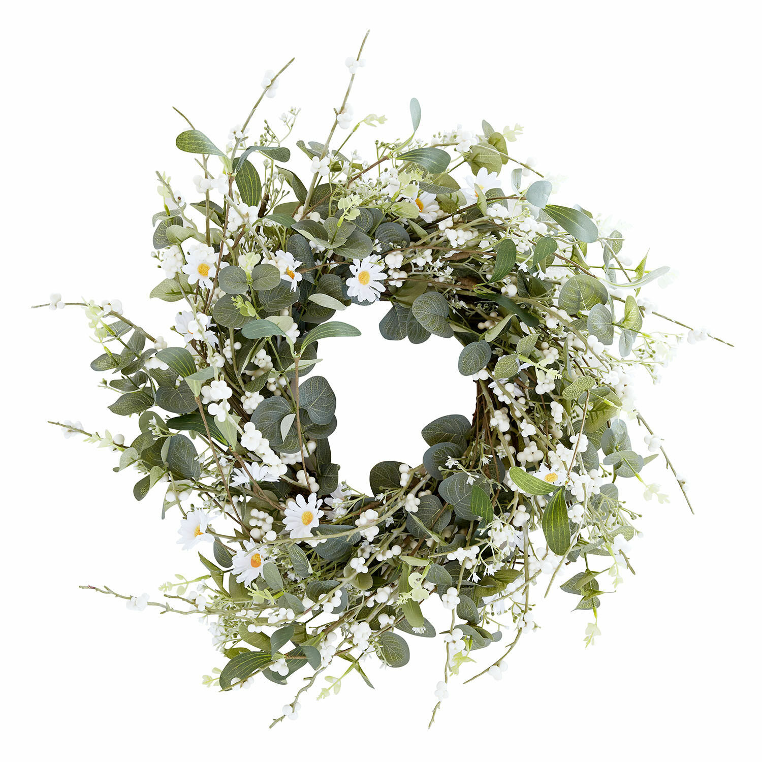 Couronne Mixale Couronne décorative en feuillage vert et fleurs blanches, style naturel, décoration murale ou porte