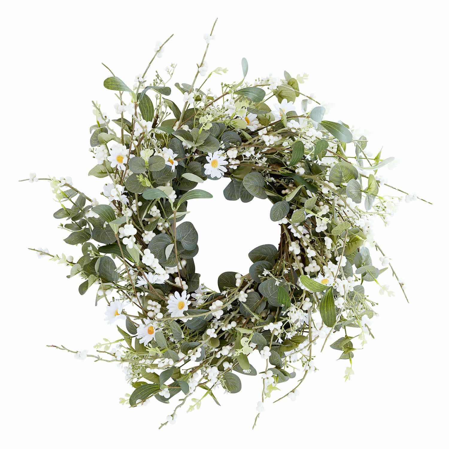 Couronne Mixale Couronne décorative en feuillage vert et fleurs blanches, style naturel, décoration murale ou porte