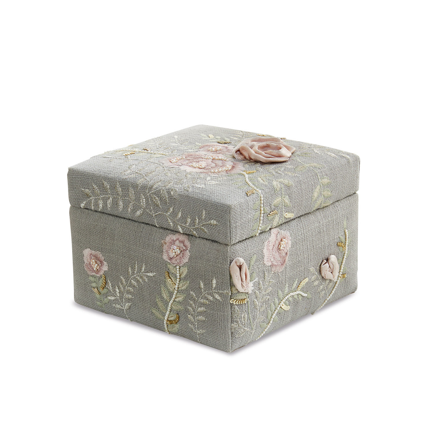 Boîte à bijoux Rosalena Boîte en tissu gris avec broderies florales roses et couvercle décoratif
