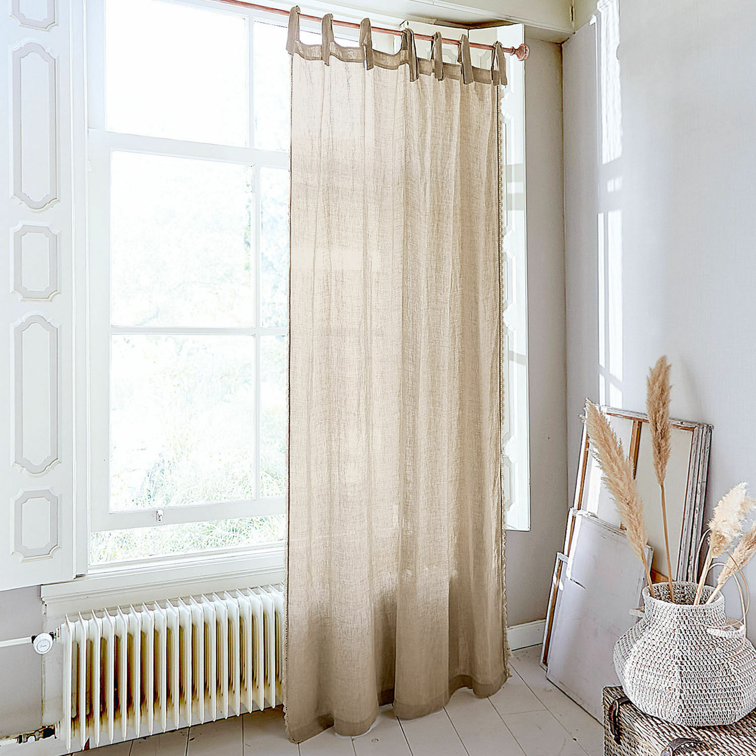 Voilage Jovis Rideau en lin beige avec boucles, tissu naturel, décoration de fenêtre pour salon lumineux