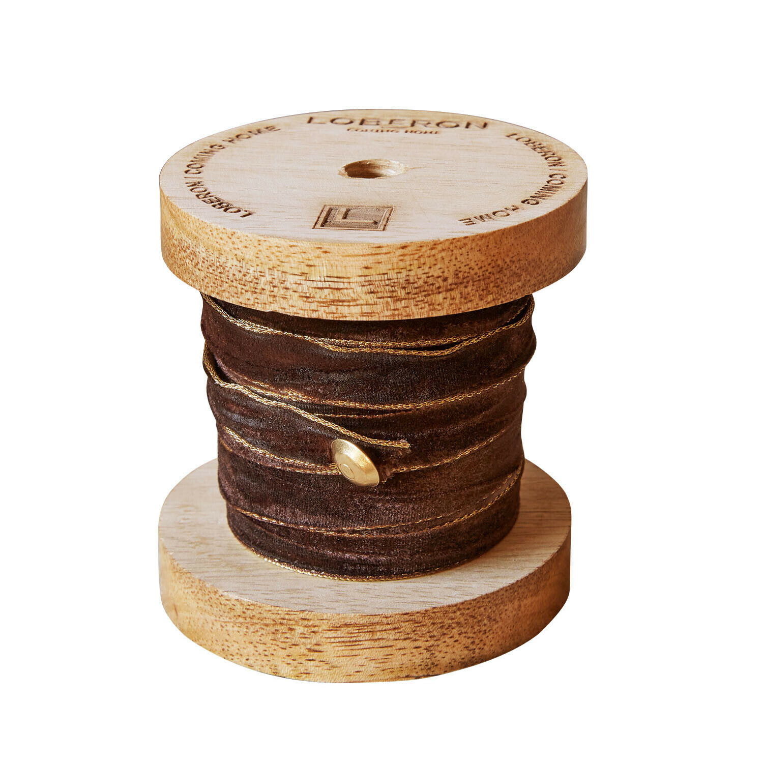 marron foncé/doré Ruban en velours Sorima marron foncé avec fil doré sur bobine en bois, ruban décoratif pour loisirs créatifs