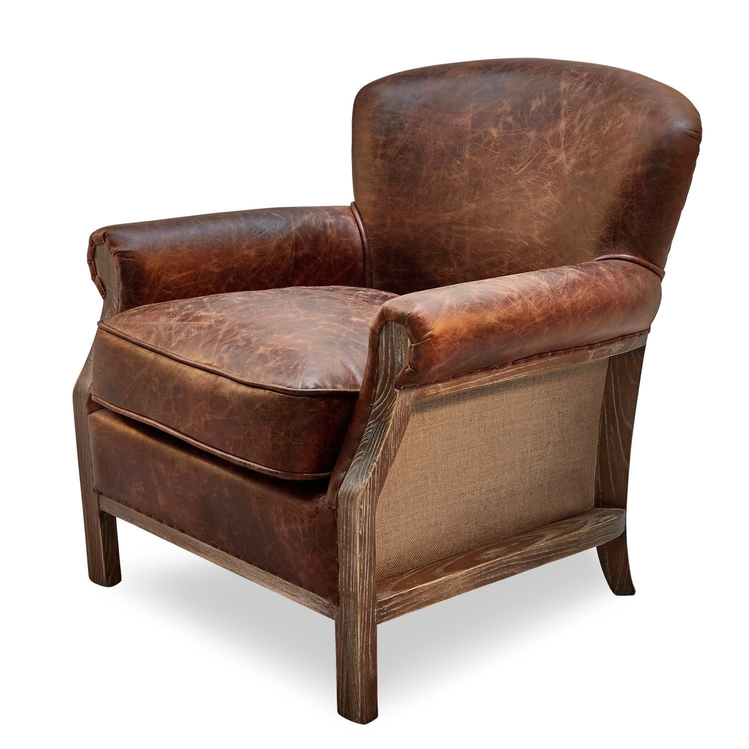 Fauteuil Banbury Fauteuil marron en cuir naturel avec structure en bois, siège confortable pour salon