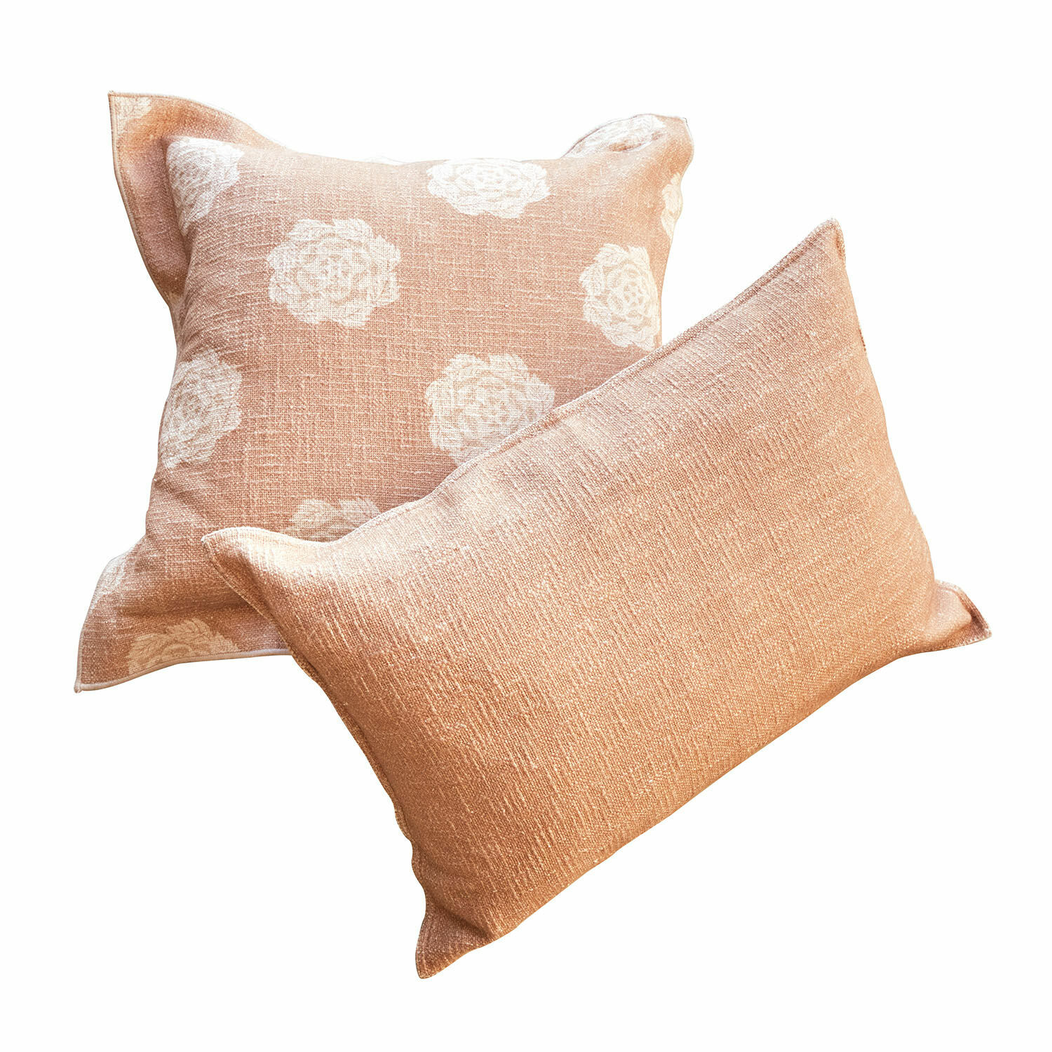 Lot de 2 housses de coussins Belvienne Ensemble de deux coussins décoratifs en tissu pêche avec motif floral blanc pour salon cosy