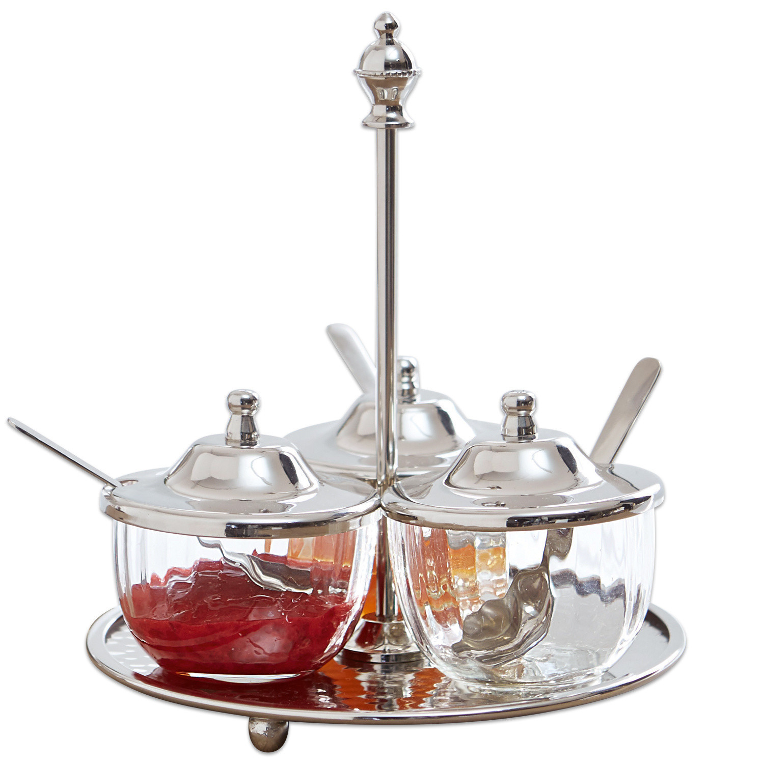 Ensemble assaisonnement Julius Ensemble de trois pots en verre avec couvercles et cuillères sur plateau en métal pour confitures