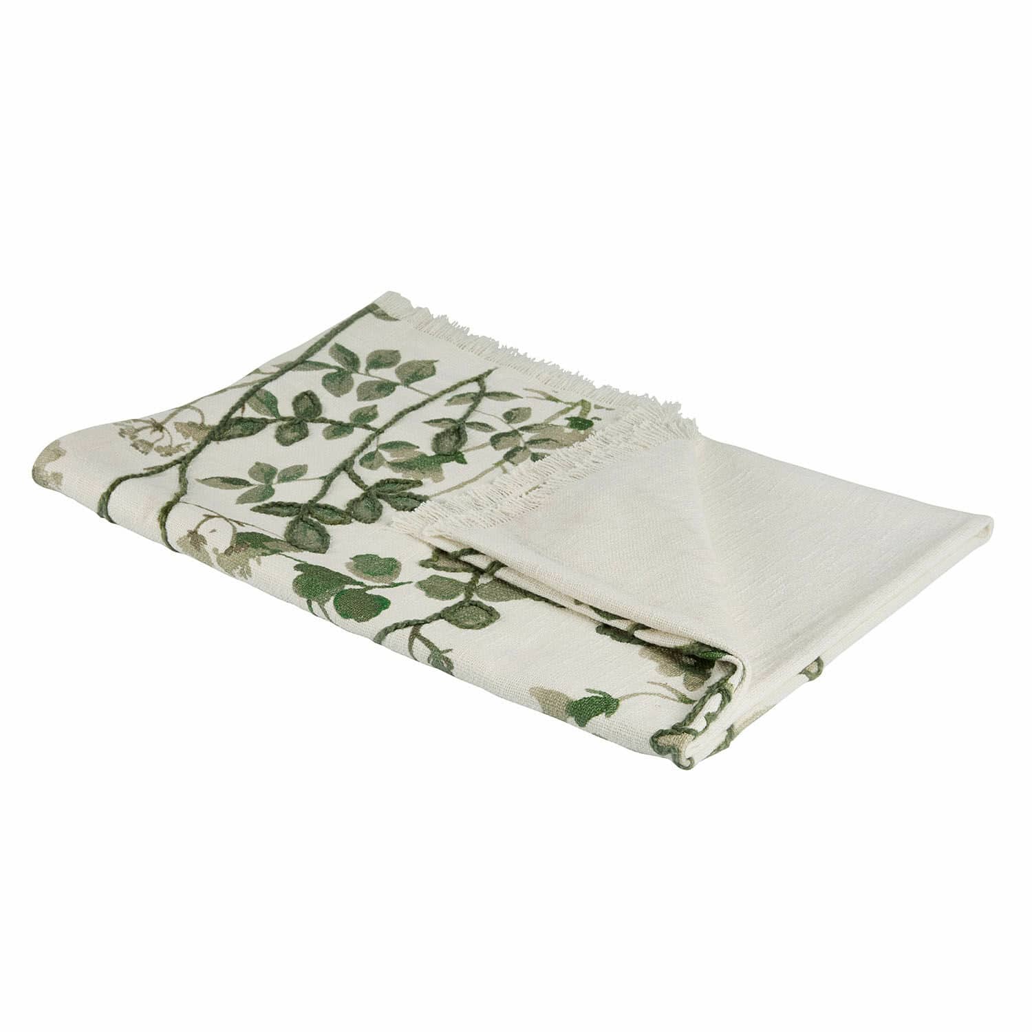 Plaid Wescombe Plaid en coton crème avec motif de feuilles vertes et franges, textile doux et décoratif pour la maison