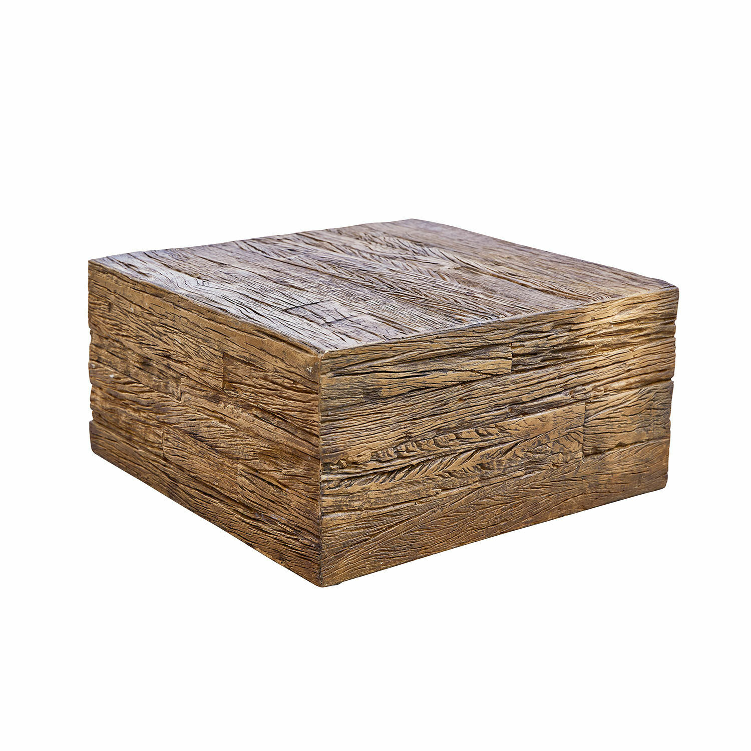 Table basse carrée en bois brun avec texture rustique, idéale pour un salon chaleureux