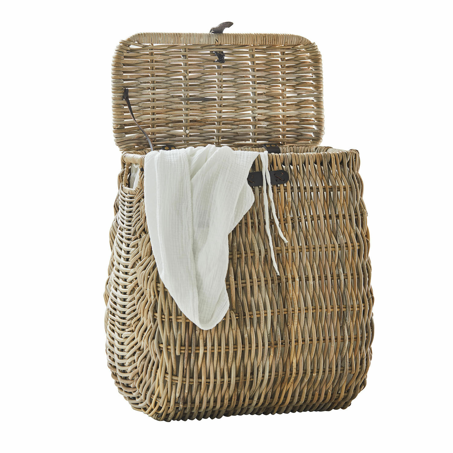 Panier à linge Solinette Panier en rotin naturel ouvert avec tissu blanc, idéal pour le rangement à la maison