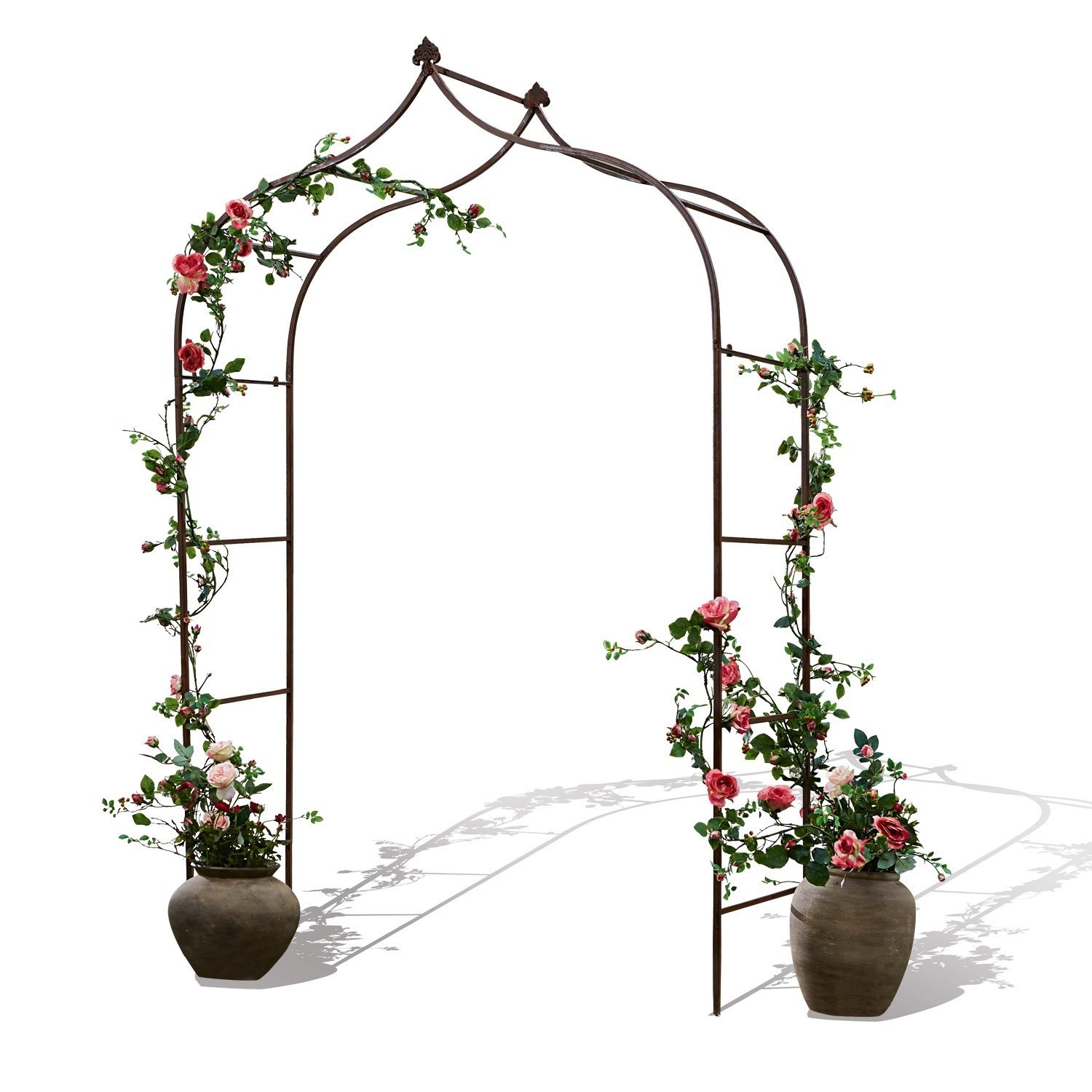 marron Arche de jardin Dimarus en métal brun avec roses et pots, support décoratif pour plantes grimpantes