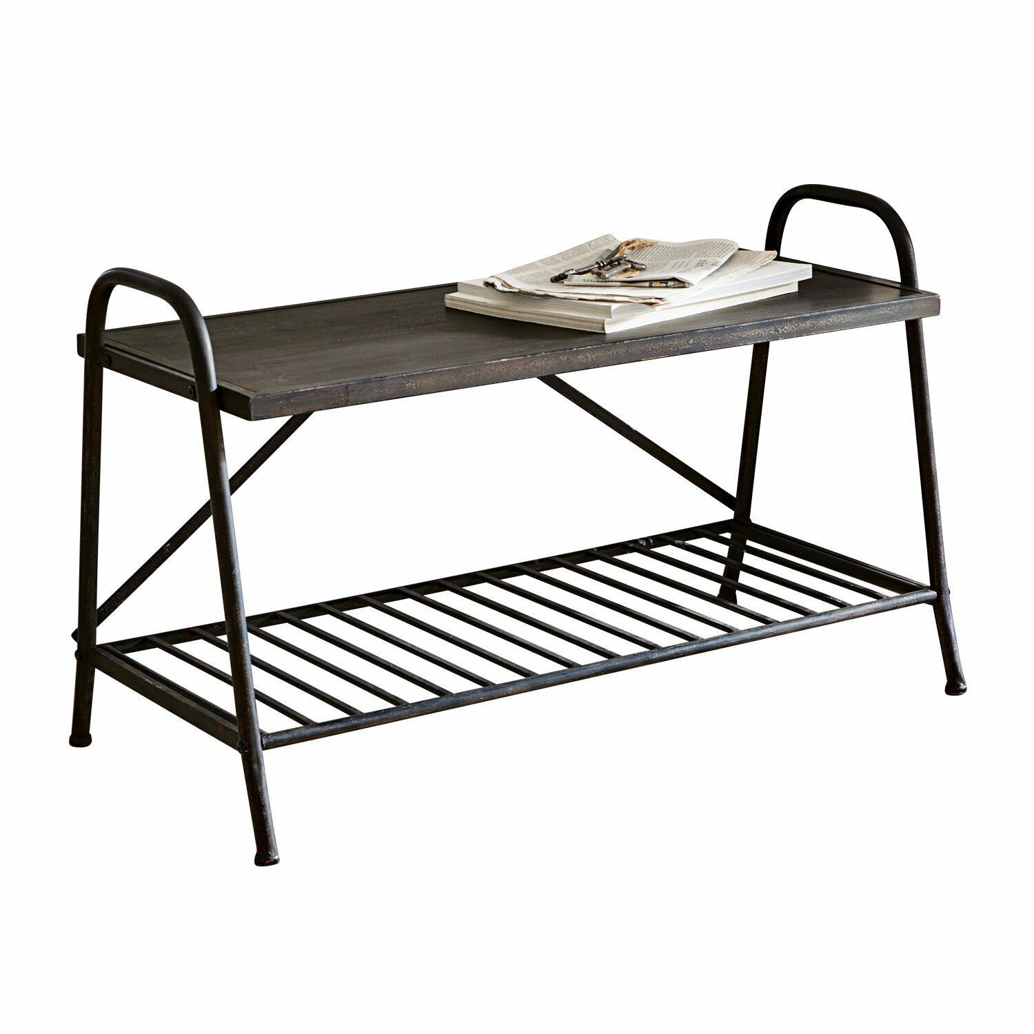 Banc Lapalisse Banc noir en métal avec tablette inférieure et plateau en bois, parfait pour l'entrée et le rangement