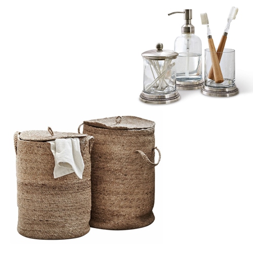 Ensemble de salle de bain avec paniers en jute et accessoires en verre avec détails métalliques