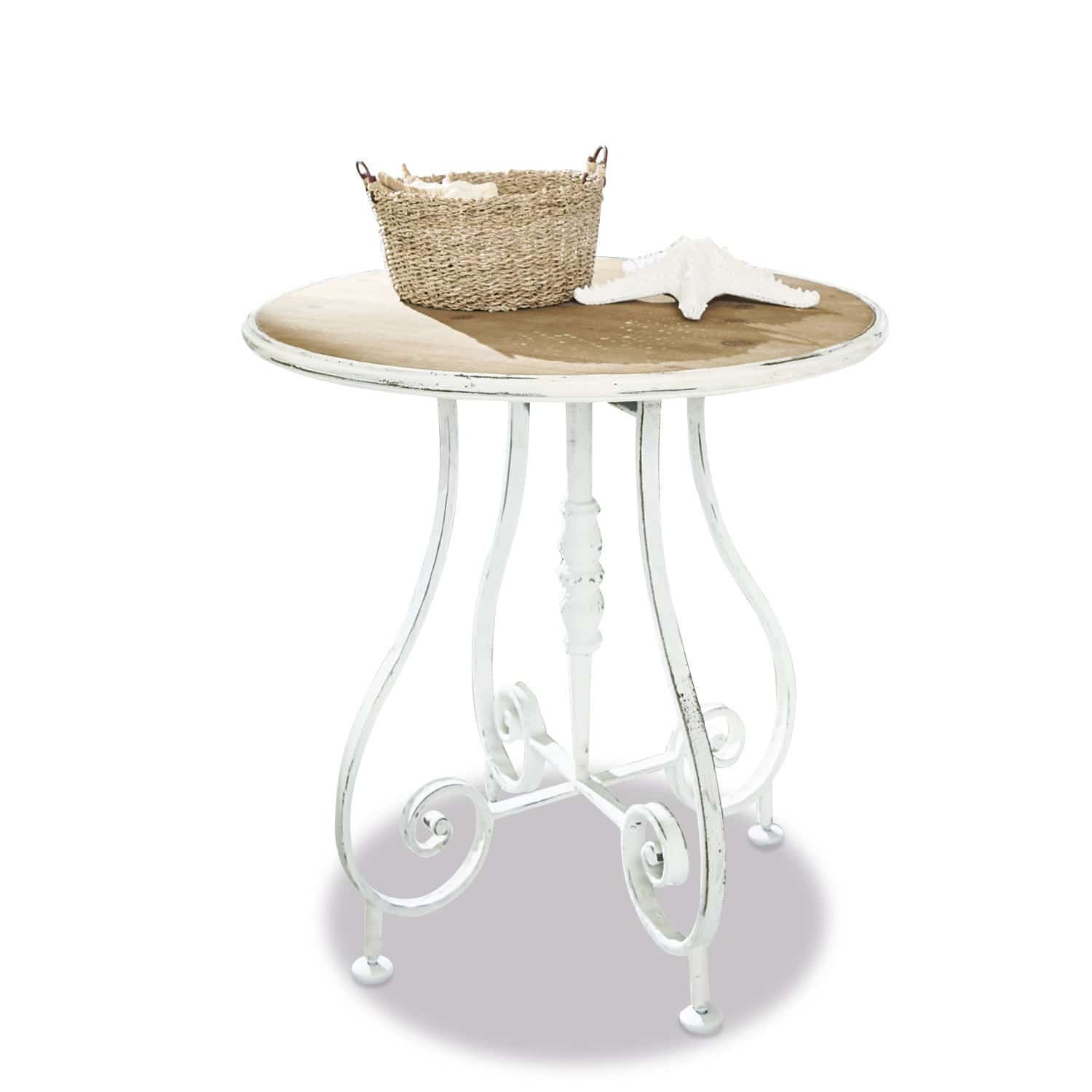 Table d’appoint Pordic Table ronde avec pieds en métal blanc et plateau en bois, décorée d'un panier et d'une étoile de mer