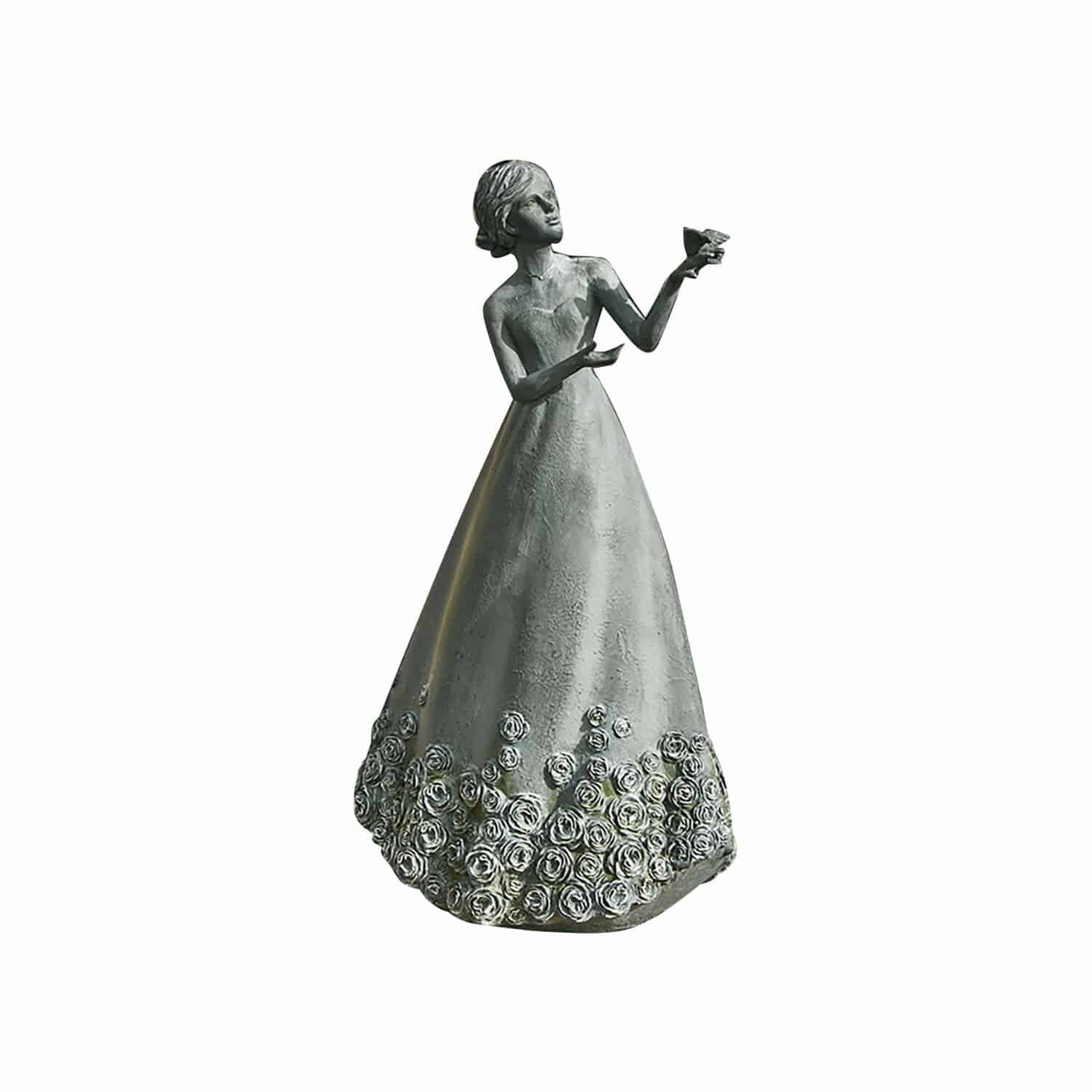 Figurine décorative Yasminah Statue femme en robe longue avec détails floraux en métal argenté, décoration élégante