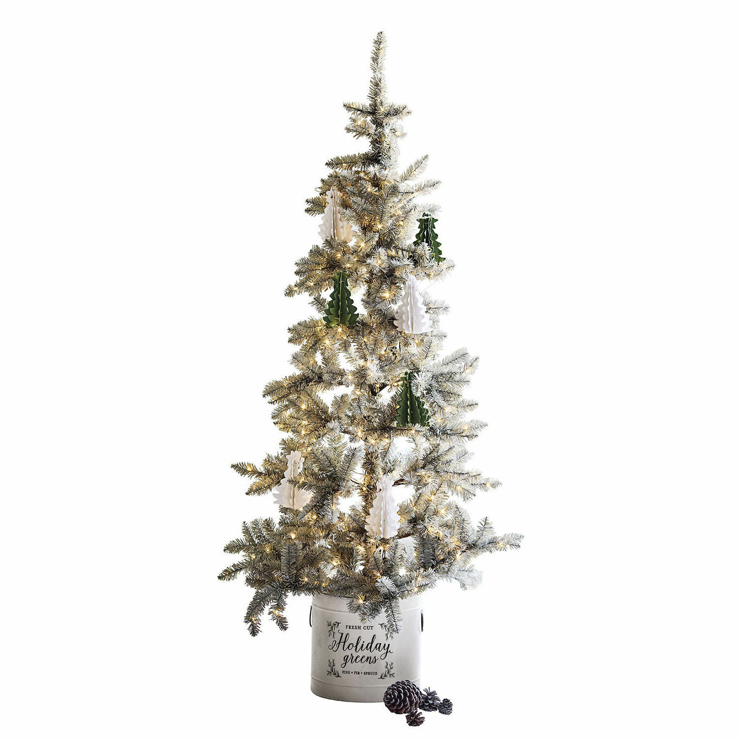 Sapin de Noël Sansais Sapin artificiel éclairé avec décorations vertes et blanches dans un pot en métal blanc décoratif