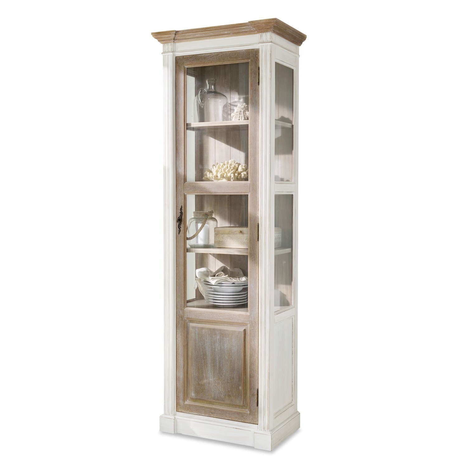 Vitrine Coverton Vitrine en bois blanc et naturel avec porte vitrée pour ranger décorations et vaisselle