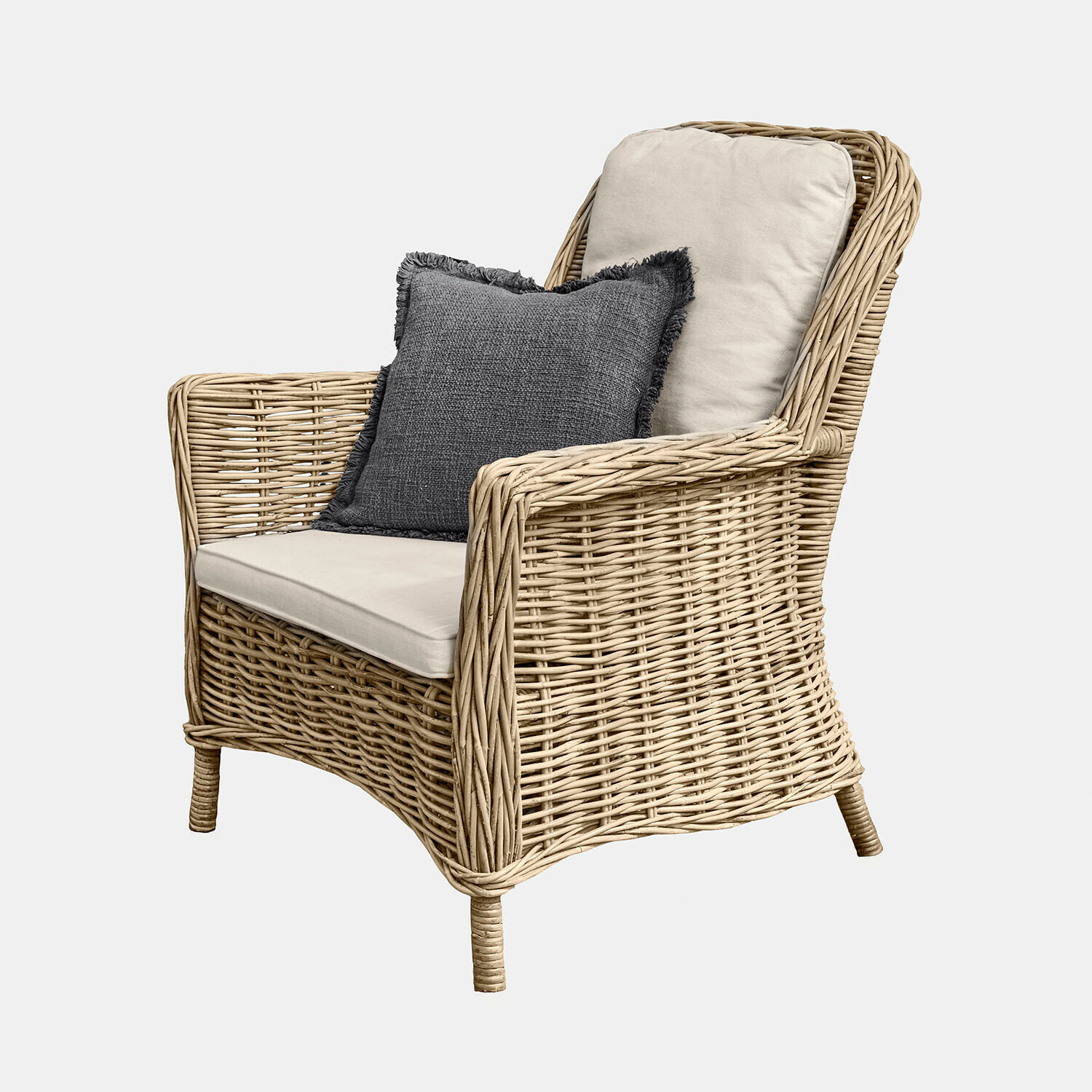 Fauteuil Travenne Fauteuil en rotin avec coussins crème et coussin décoratif gris foncé pour salon