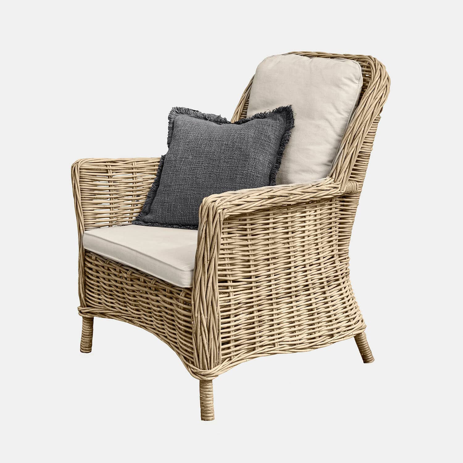 Fauteuil Travenne Fauteuil en rotin avec coussins crème et coussin décoratif gris foncé pour salon