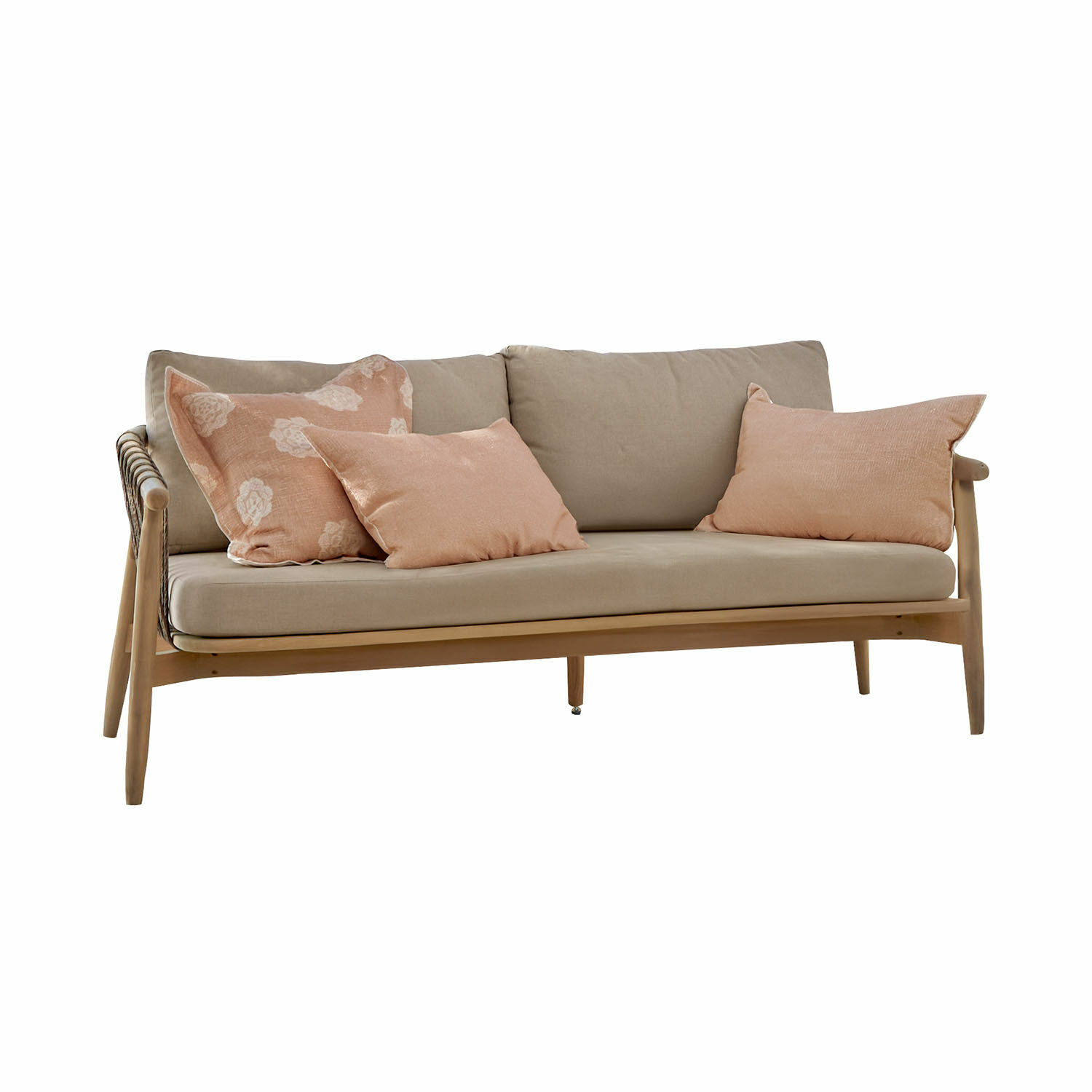 Canapé FSC®-100% Thornwick Canapé en bois clair avec coussins beige et coussins décoratifs roses pour salon confortable