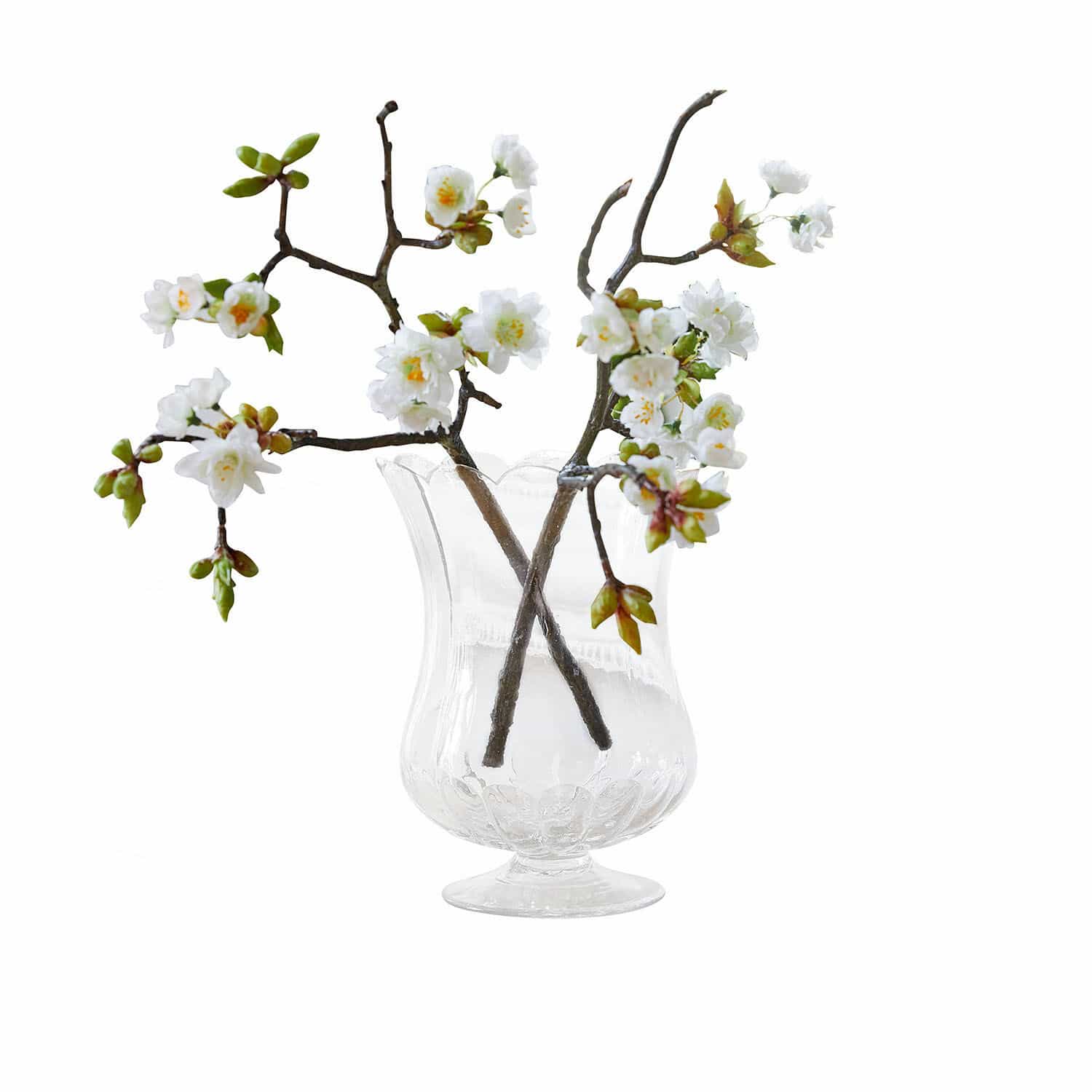 Lot de 2 fleurs décoratives Gráda Vase en verre transparent avec branches fleuries blanches pour décoration intérieure