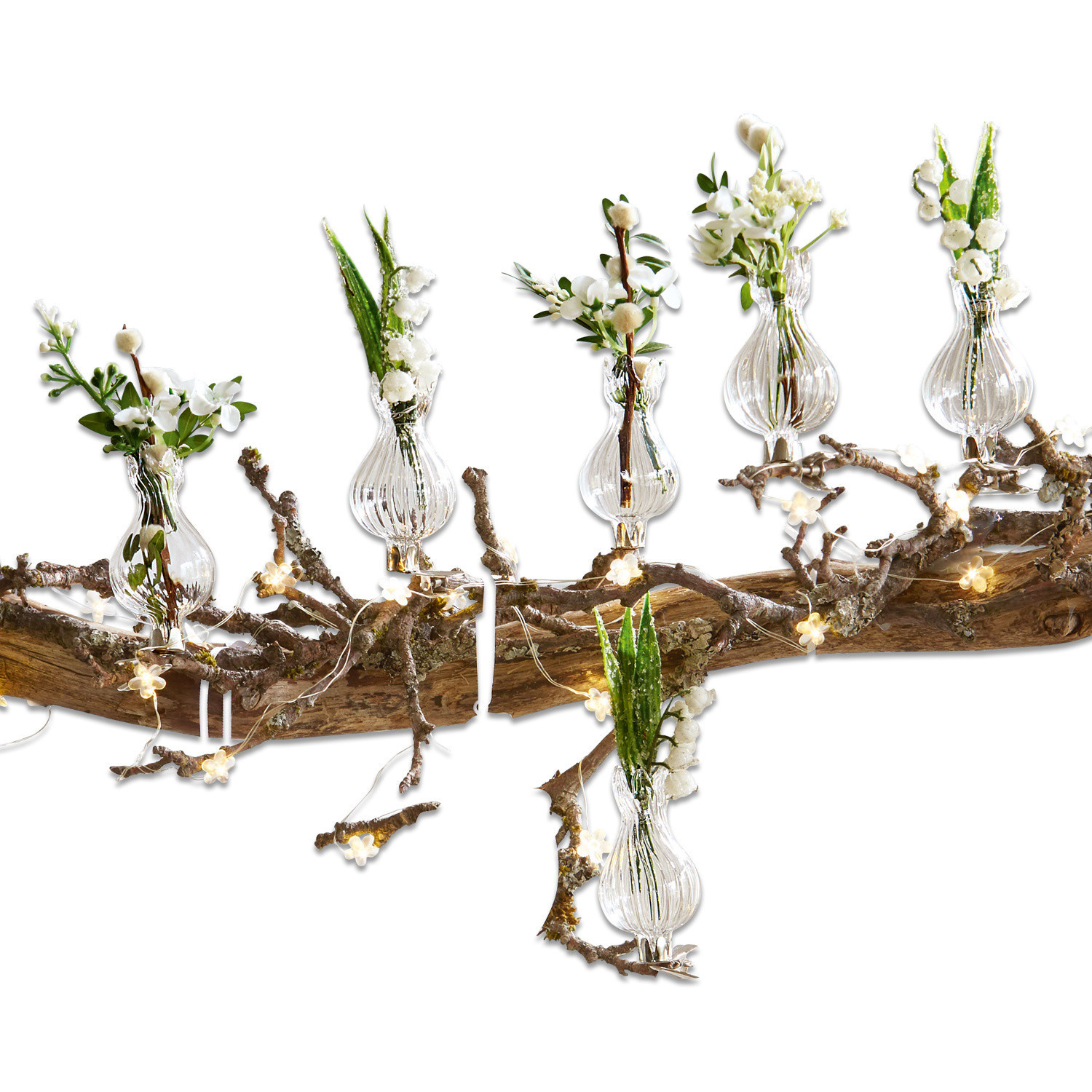 Lot de 6 vases Josephine Vases en verre avec fleurs blanches sur branche décorative avec éclairage LED pour décoration naturelle