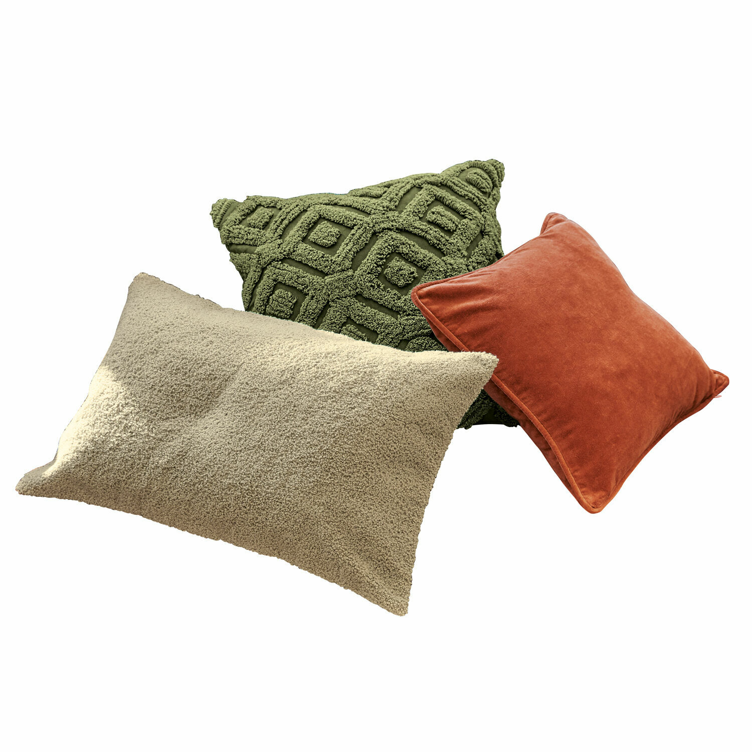 Lot de 3 housses de coussins Carrie Ensemble de trois coussins décoratifs verts, beige et brique pour salon confortable