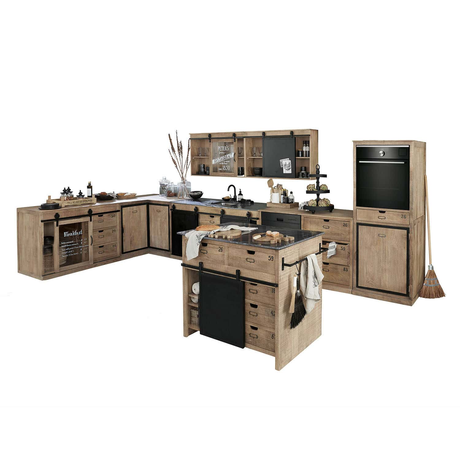 Lot de 5 éléments de cuisine Oakland Cuisine d'angle en bois naturel avec accents noirs et îlot central fonctionnel