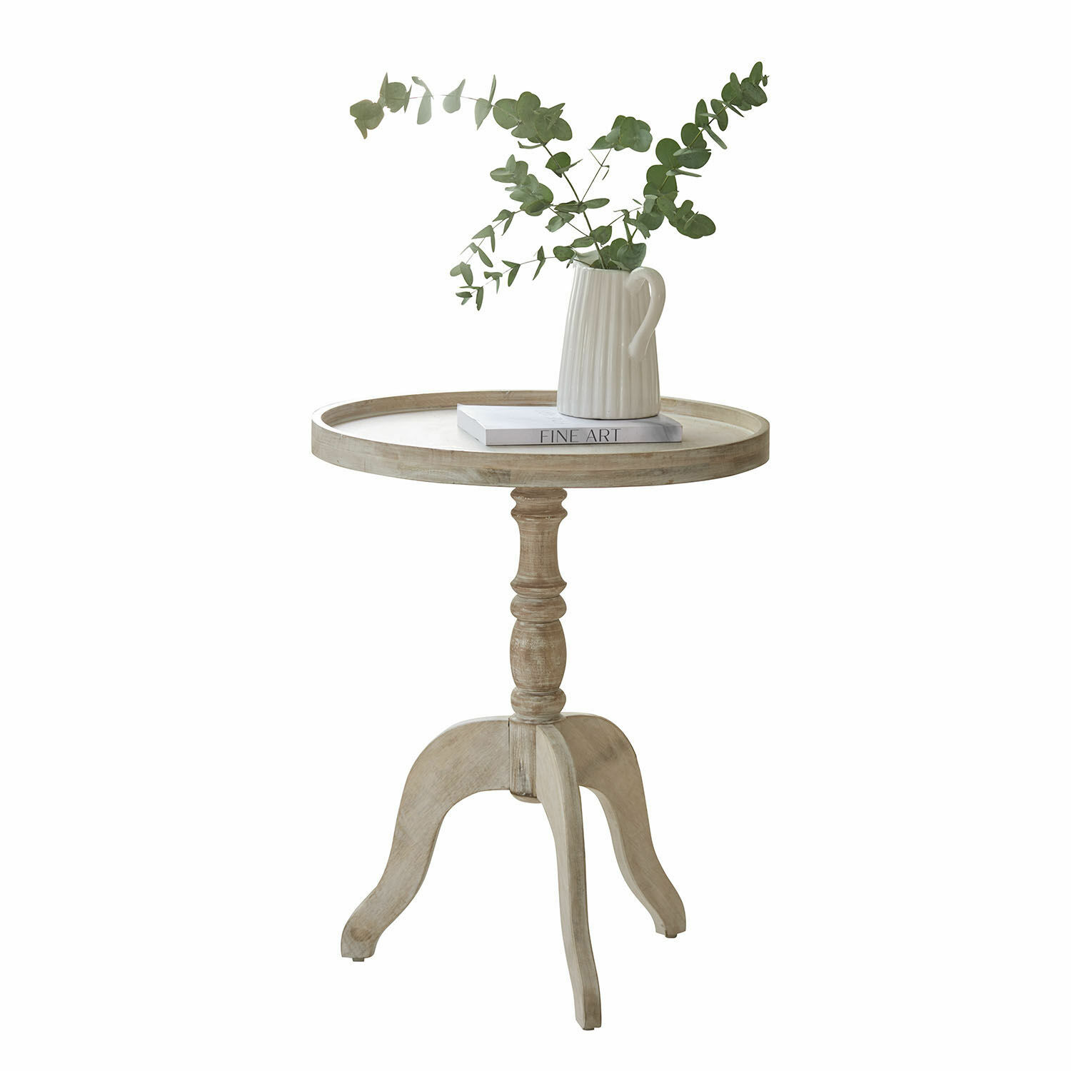 Table d'appoint Brookdale Table ronde en bois clair avec pichet en céramique et feuillage vert posé dessus