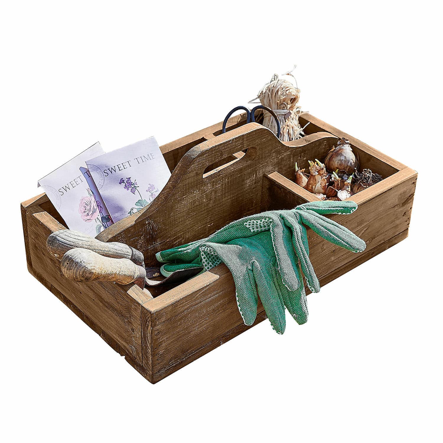 Rangement Jixel Boîte de jardinage en bois avec gants verts, outils et bulbes de fleurs pour plantation