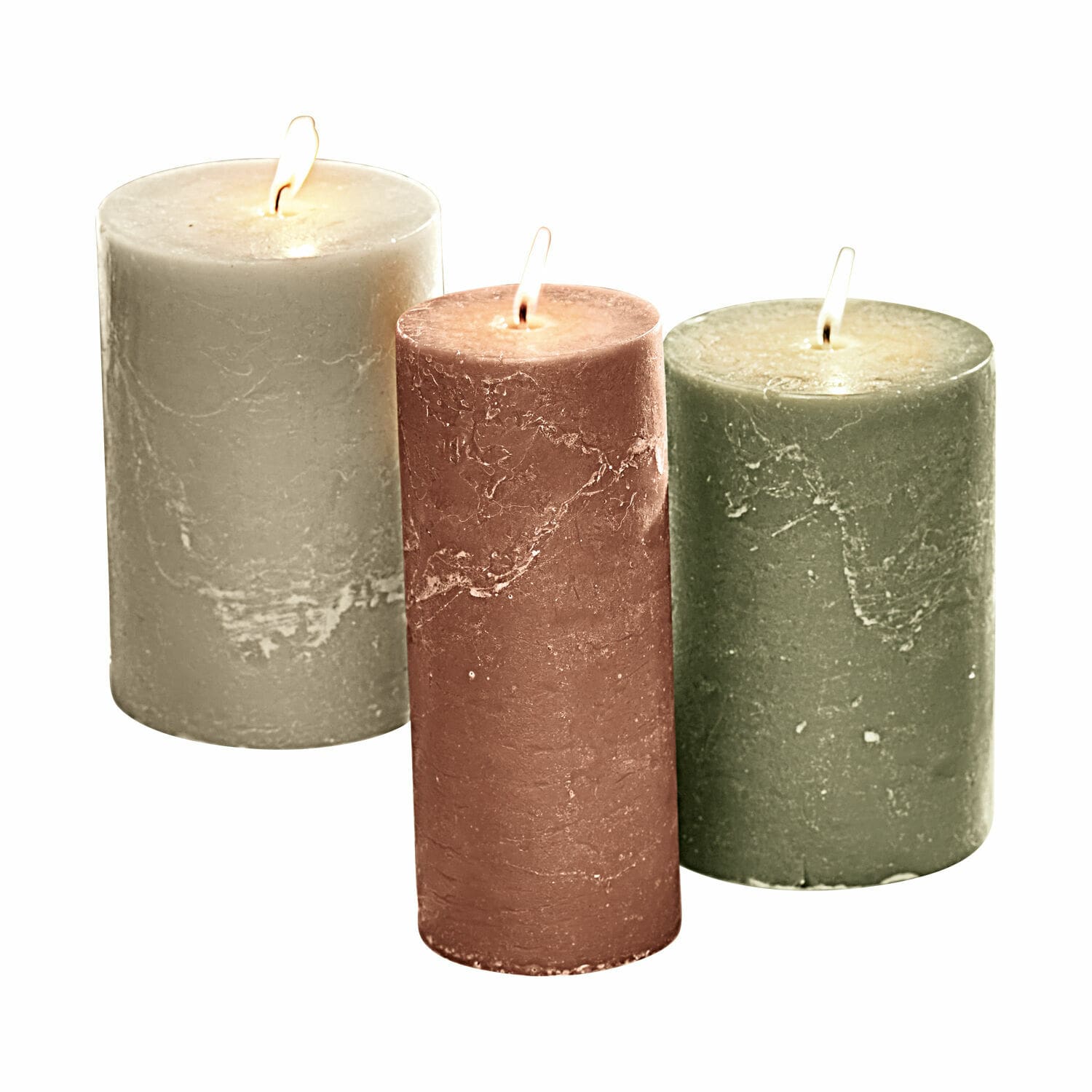 Lot de 3 bougies Salis Ensemble de trois bougies en cire aux couleurs gris, rouge et vert pour décoration intérieure