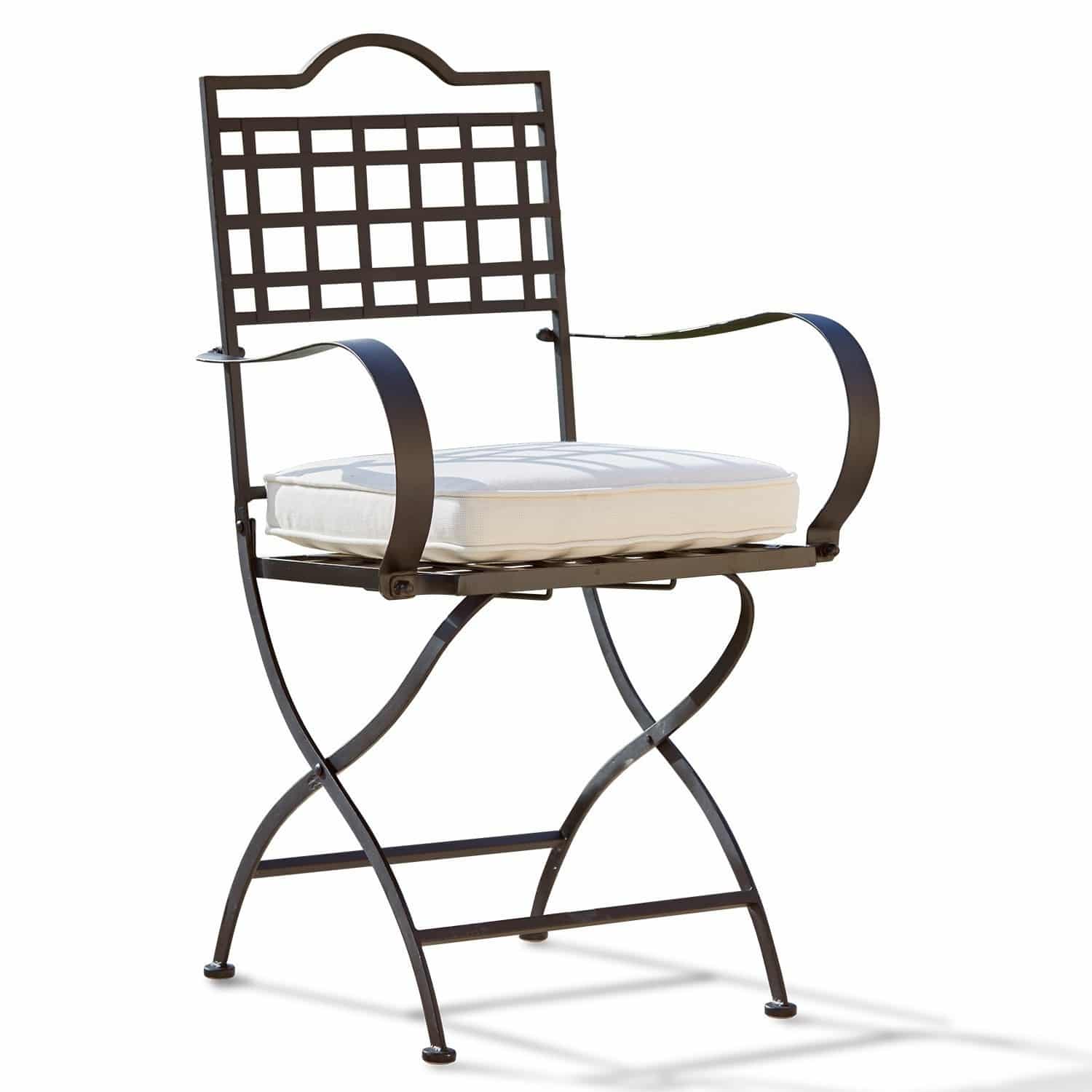 Chaise Tharot Chaise de jardin en métal brun avec coussin blanc, parfaite pour mobilier extérieur