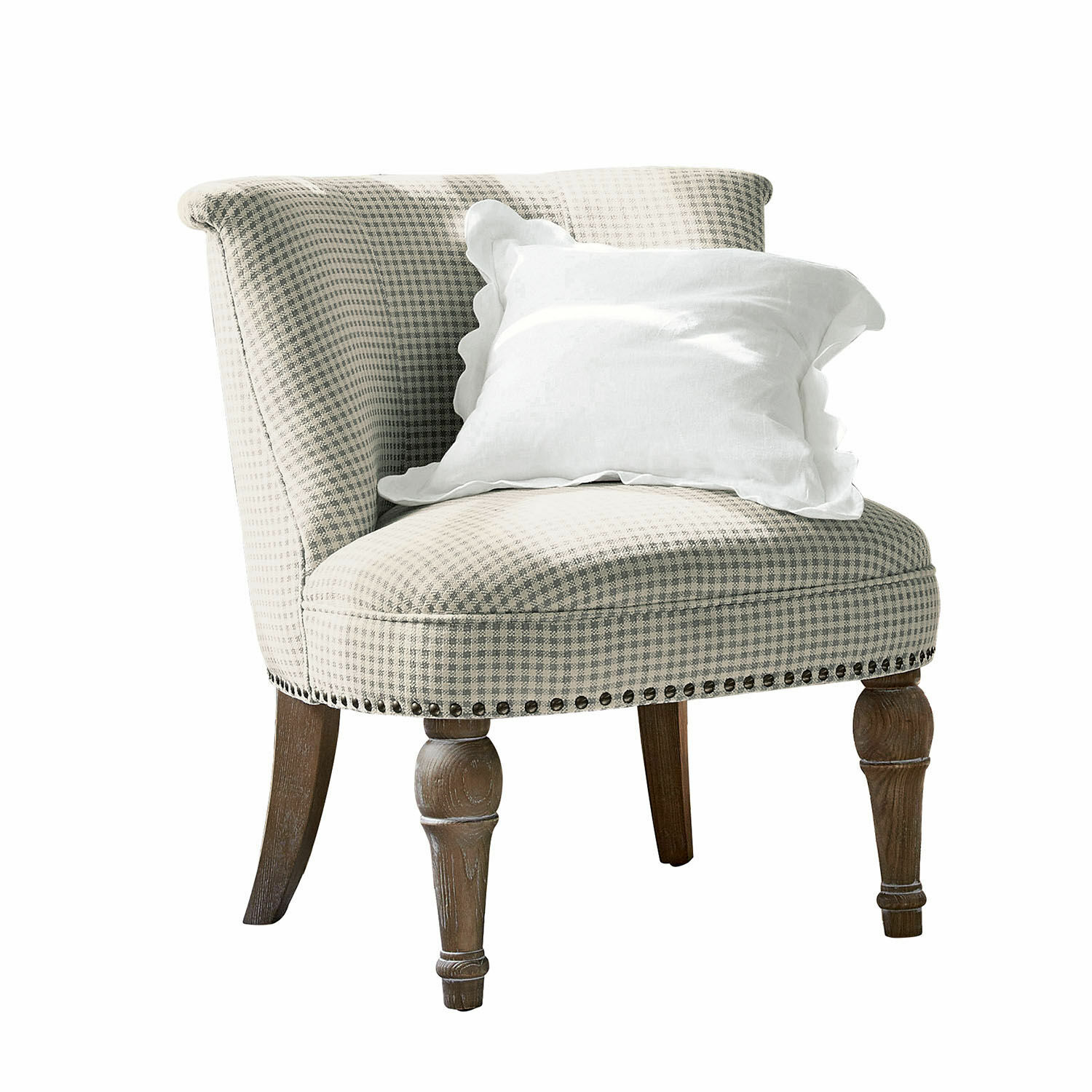crème/marron Fauteuil Francet en tissu crème et marron à carreaux avec pieds en bois et coussin blanc