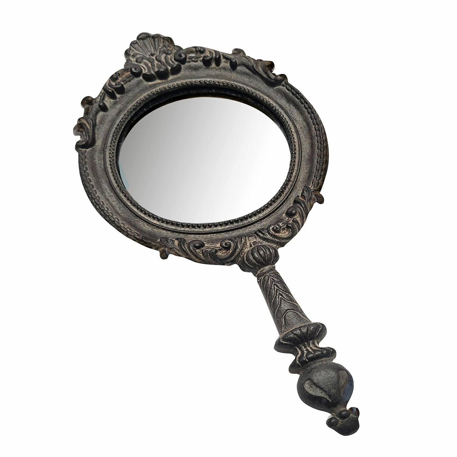 gris vieilli Miroir à main gris antique en métal orné, idéal pour décoration et maquillage